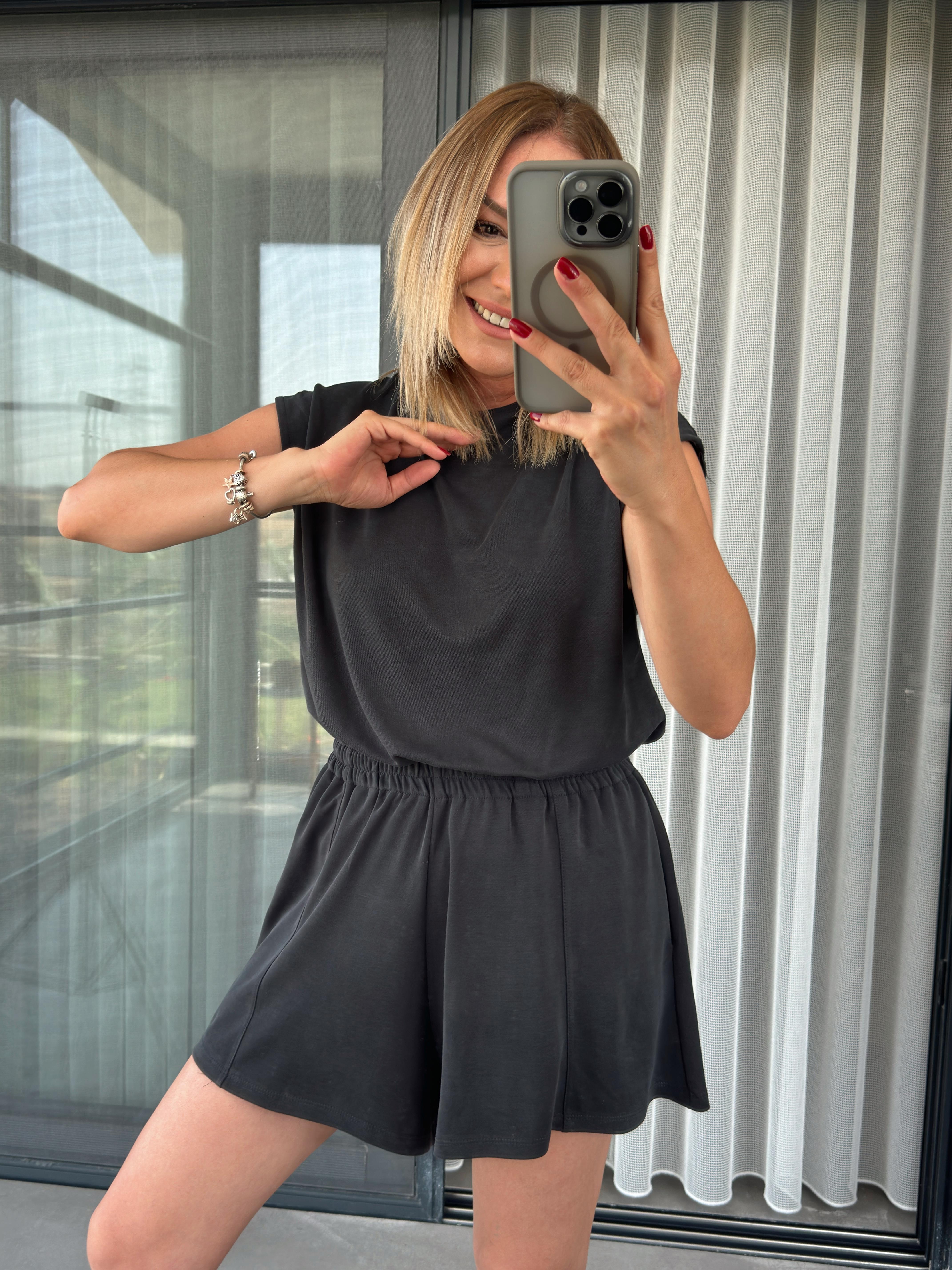 Sırt Detaylı Beli Lastikli Modal Şort Tulum ANTRASİT