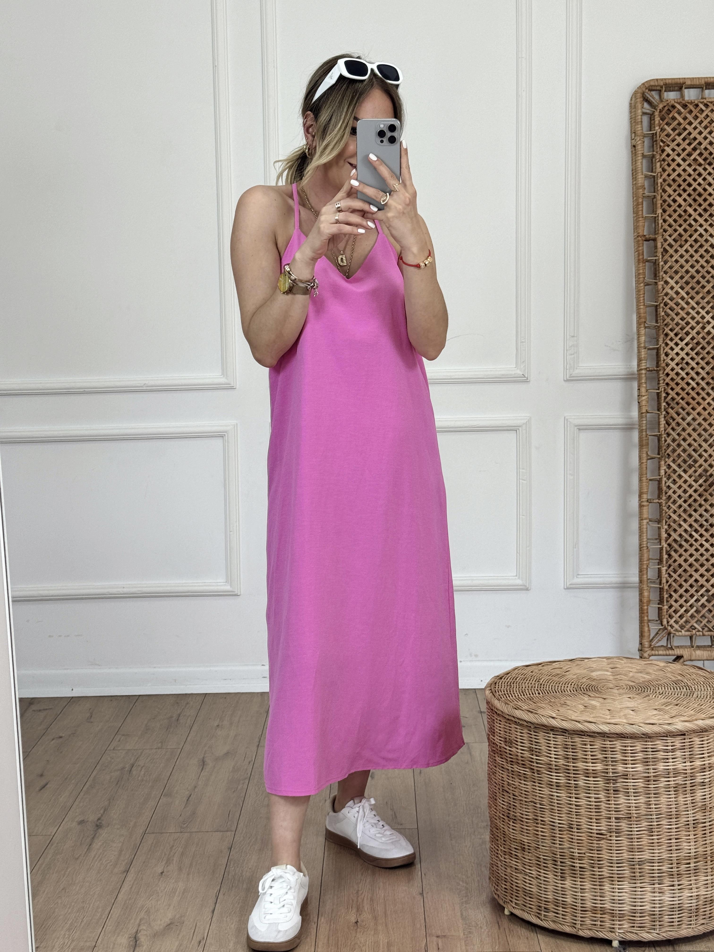 Sırtı Pencereli Keten Elbise PEMBE