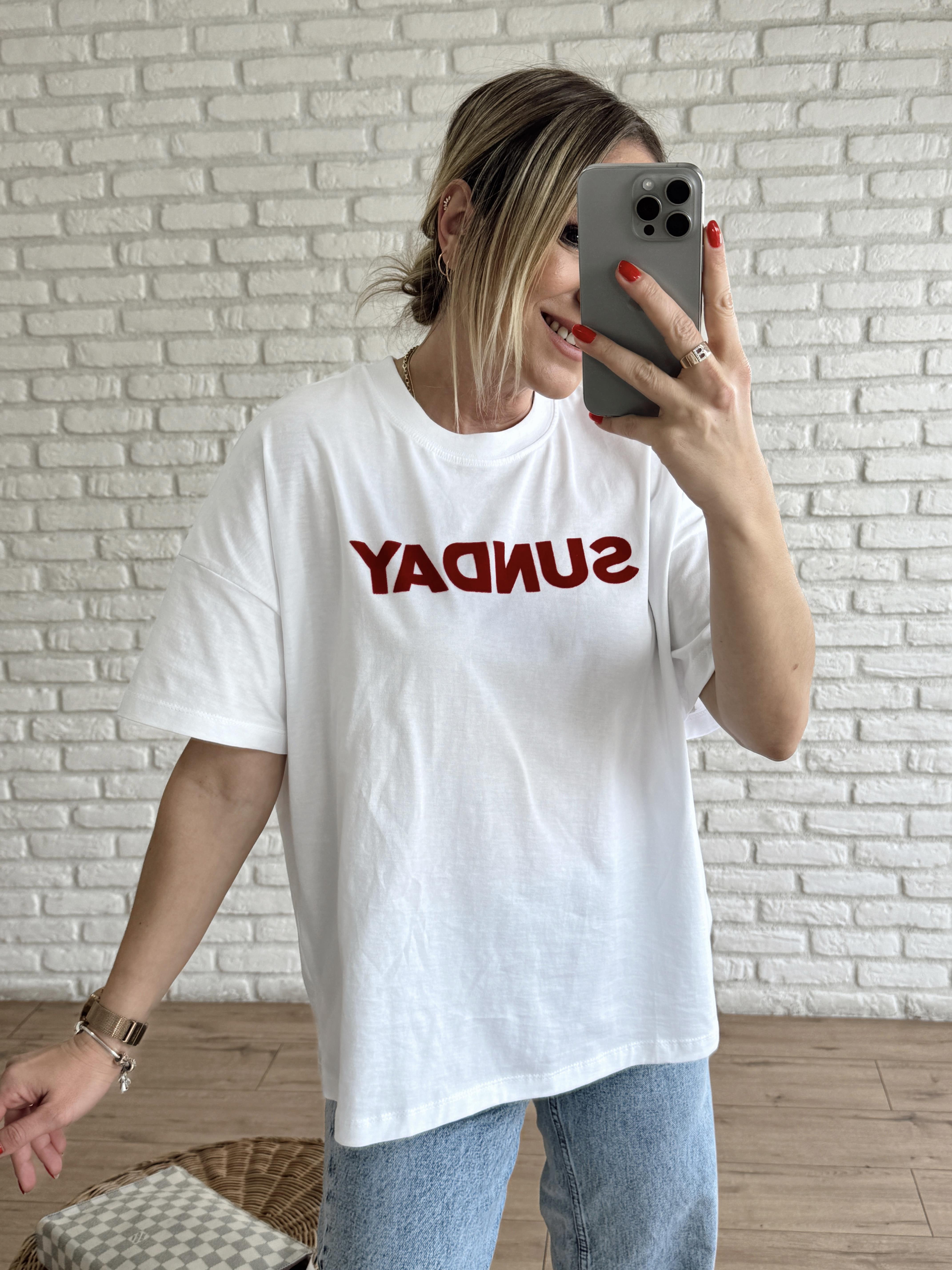 Sunday Yazı Baskılı Tshirt BEYAZ