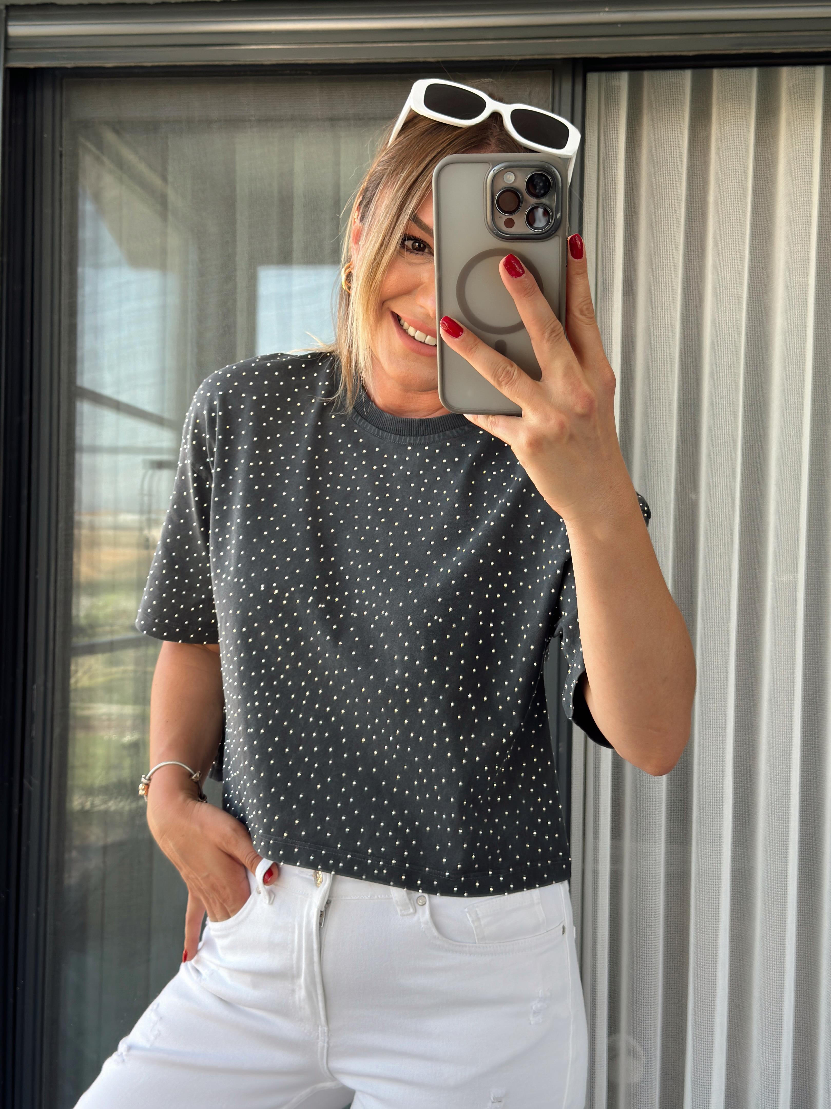 Taş Baskılı Crop Tshirt ANTRASİT