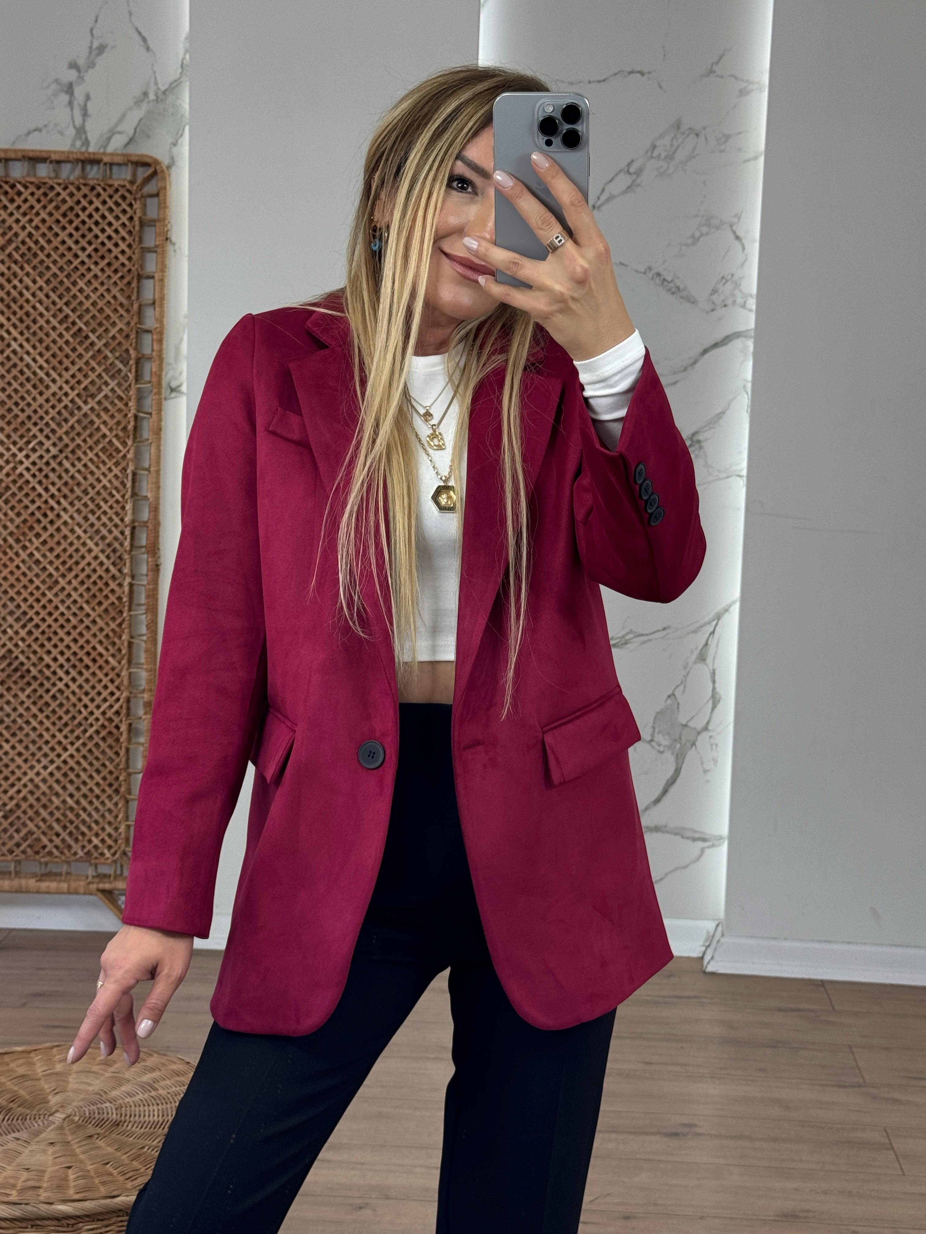 Tek Düğmeli Nubuk Ceket BORDO