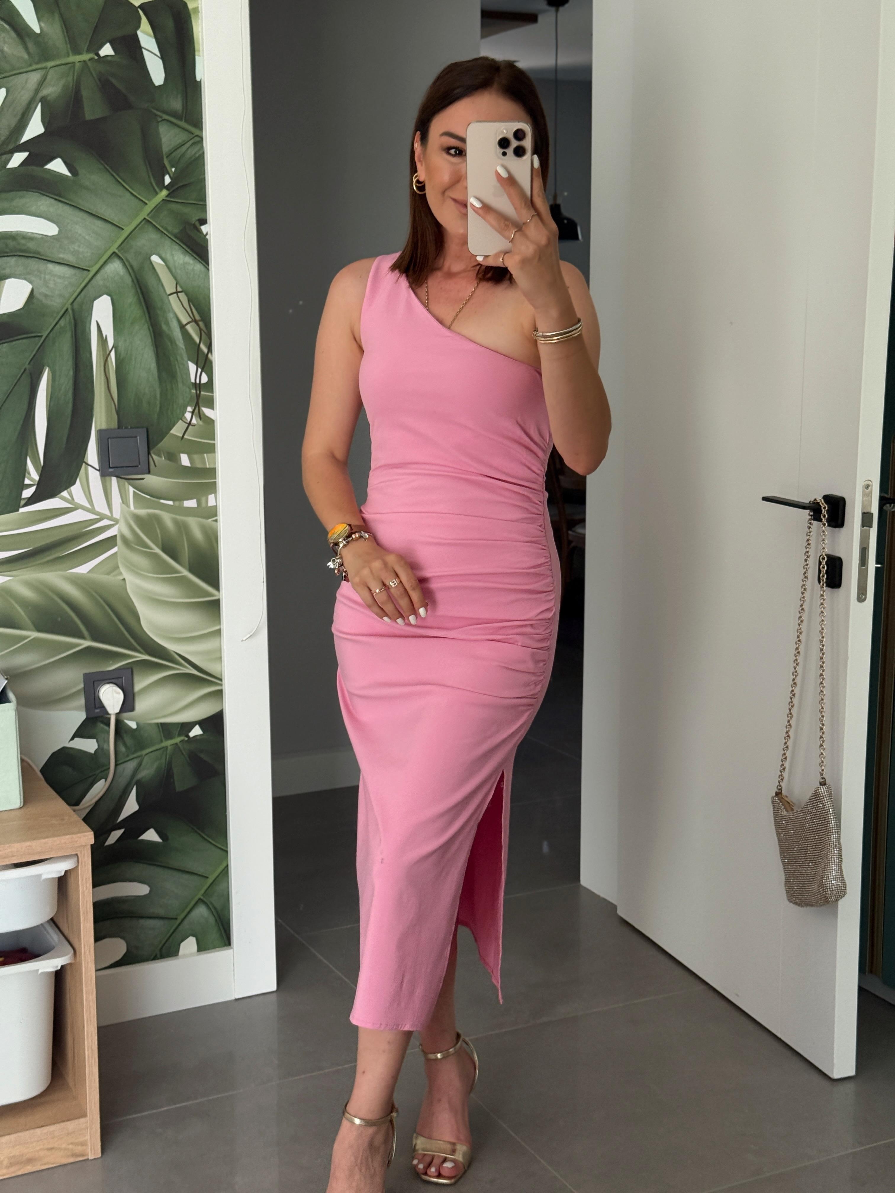 Tek Omuz Yanı Büzgülü Elbise PEMBE