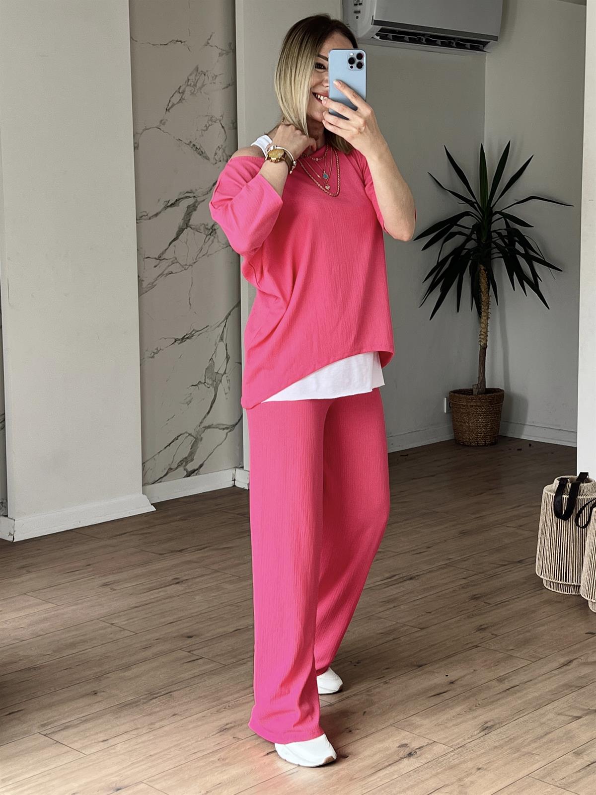 Üç Parçalı Gofre Takım FUSYA