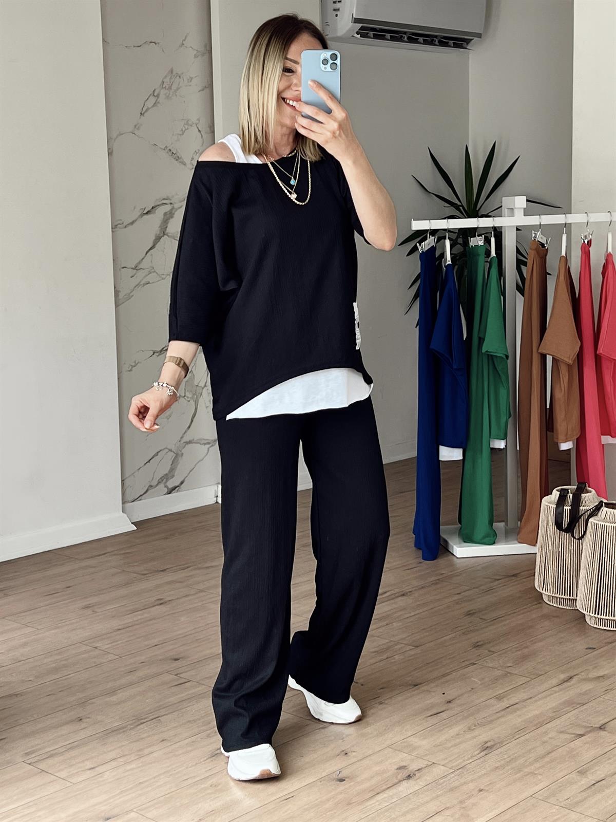 Üç Parçalı Gofre Takım SİYAH