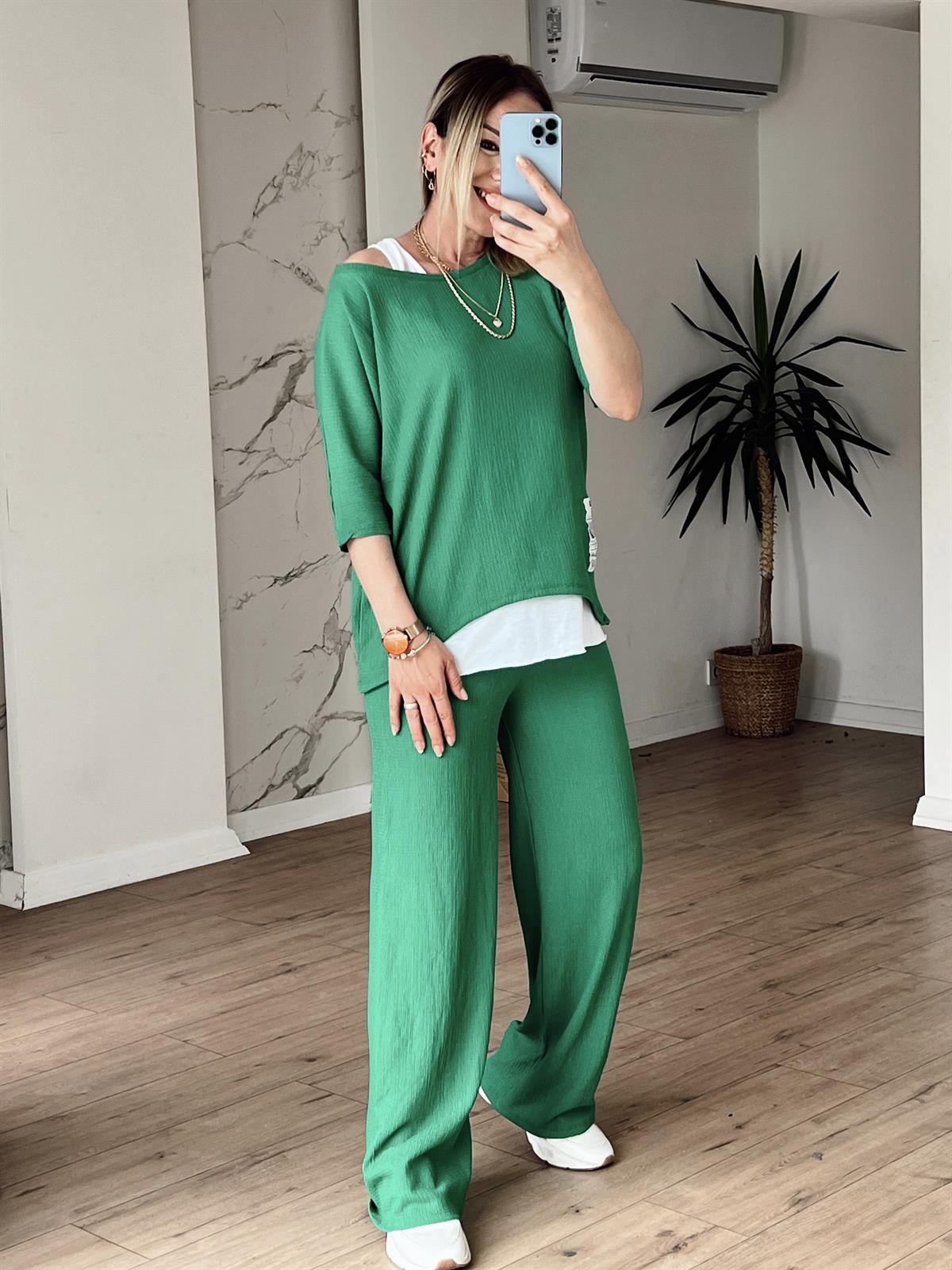 Üç Parçalı Gofre Takım YEŞİL