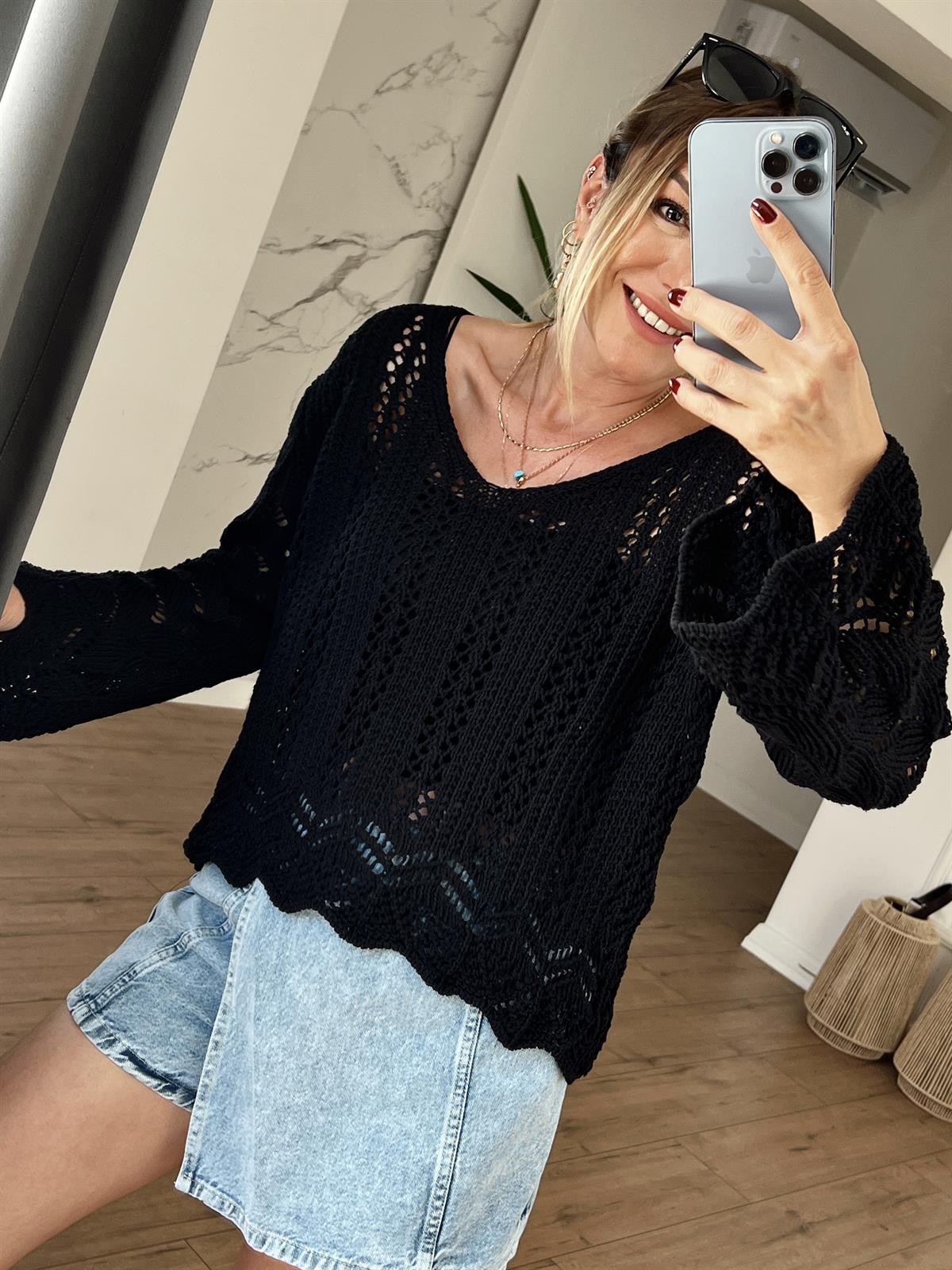 Uzun Kol Delikli Triko Bluz SİYAH