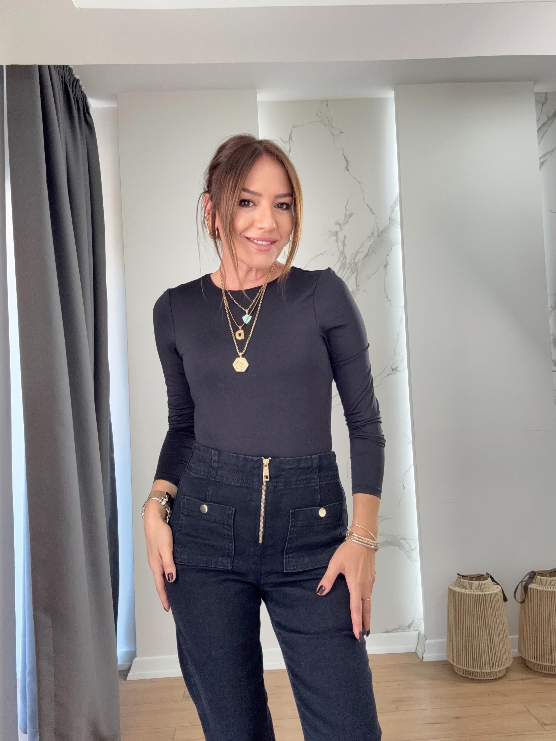 Uzun Kollu Bisiklet Yaka Bodysuit SİYAH