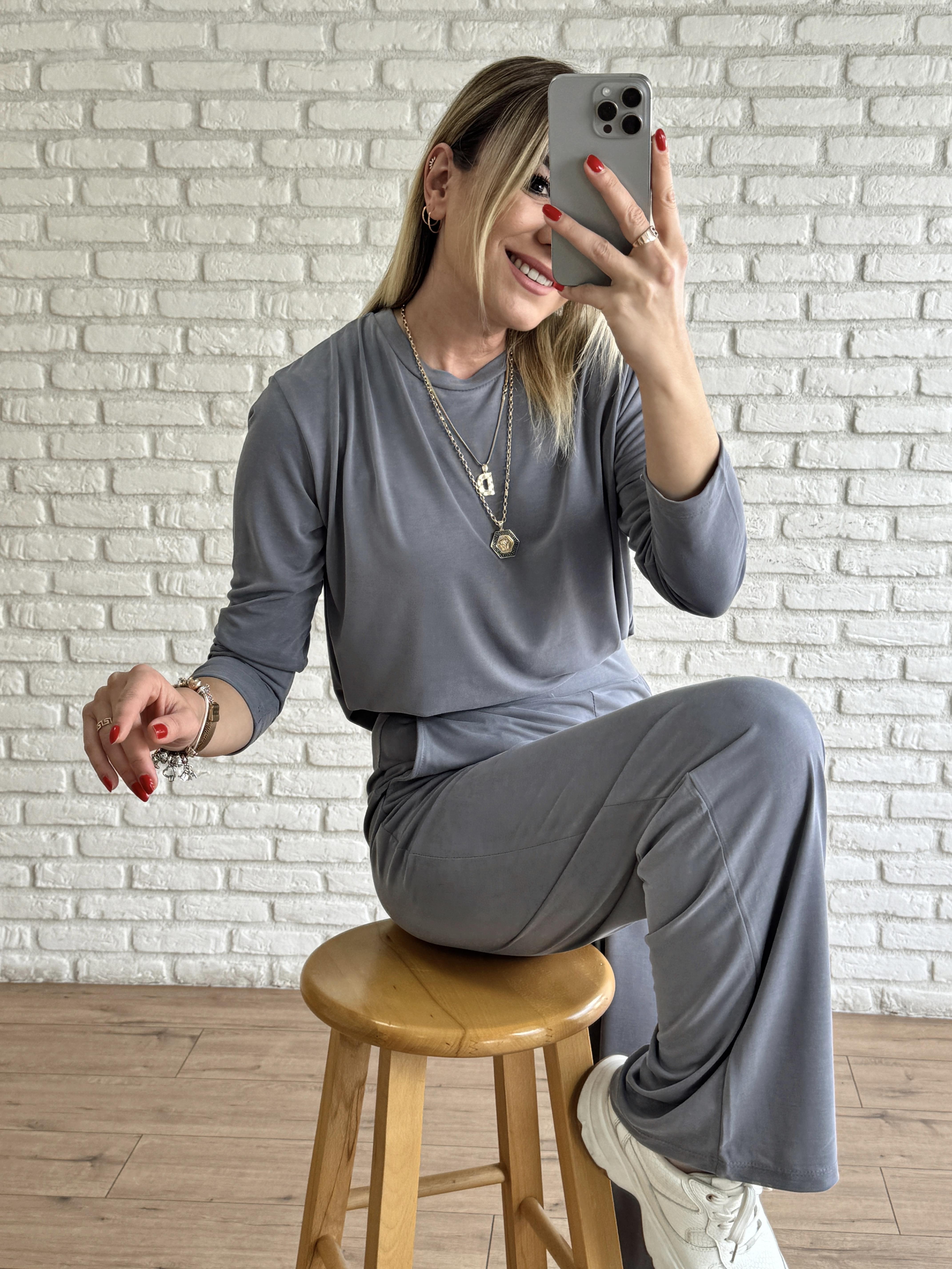 Uzun Kollu Cep Detaylı Modal Takım GRİ