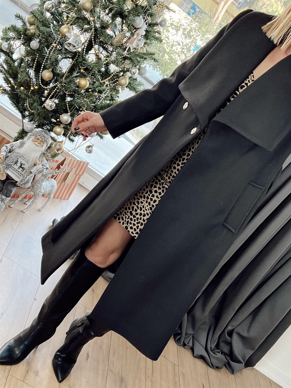 Uzun Şal Yaka Kaşmir Kaban Siyah