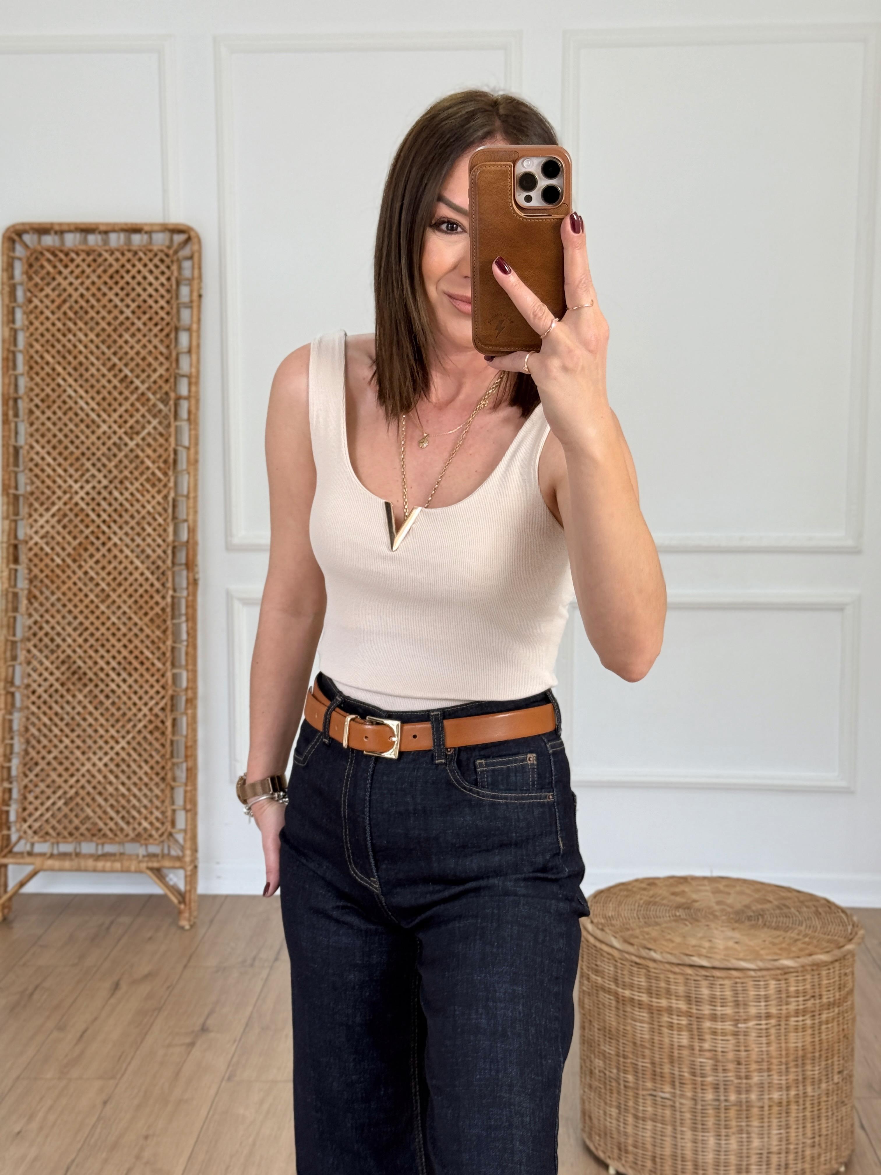 Ribbed Tank Top with V Accessory Beige
