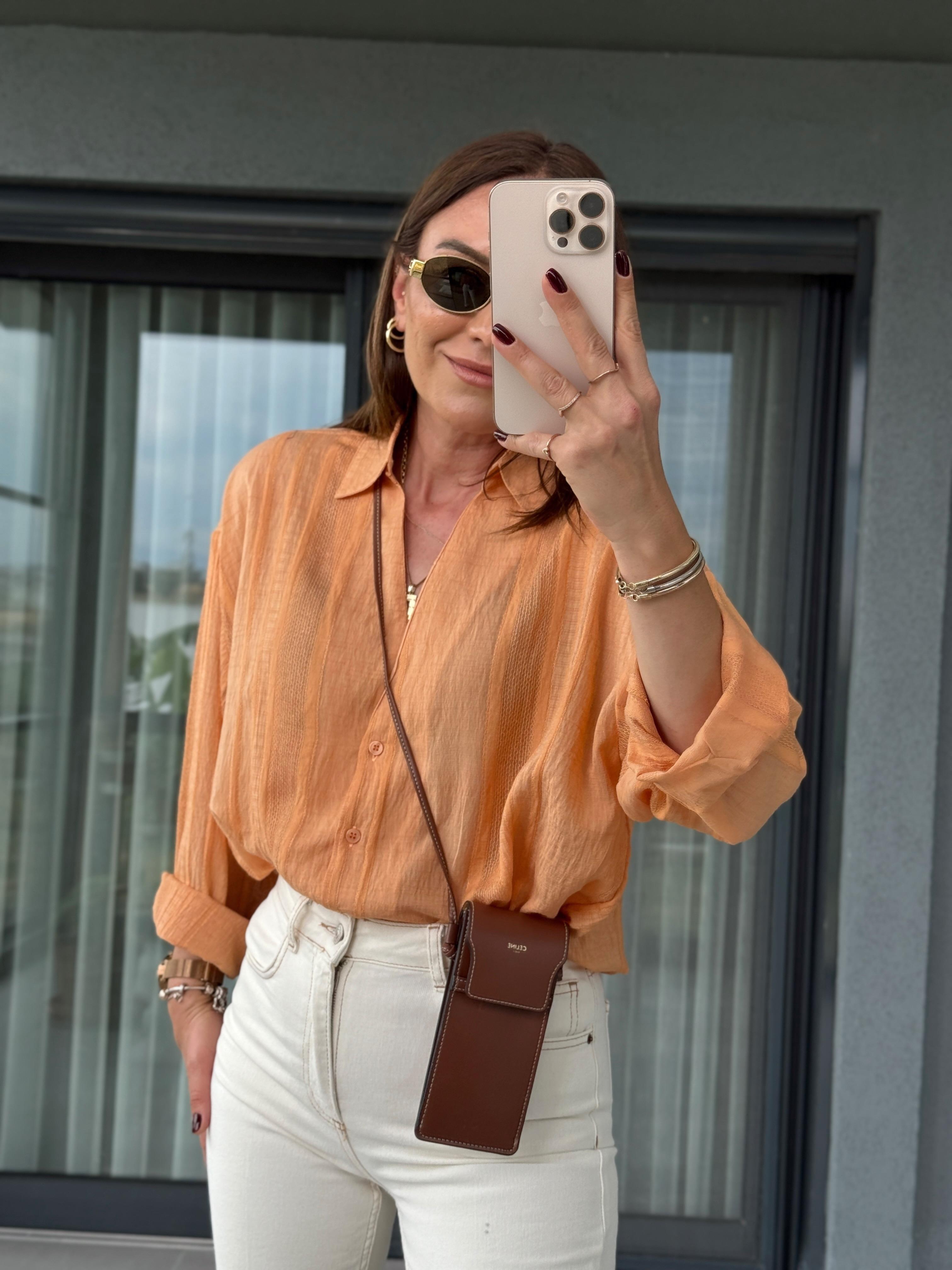 V Yaka Dokuma Detaylı Oversize Gömlek ORANGE