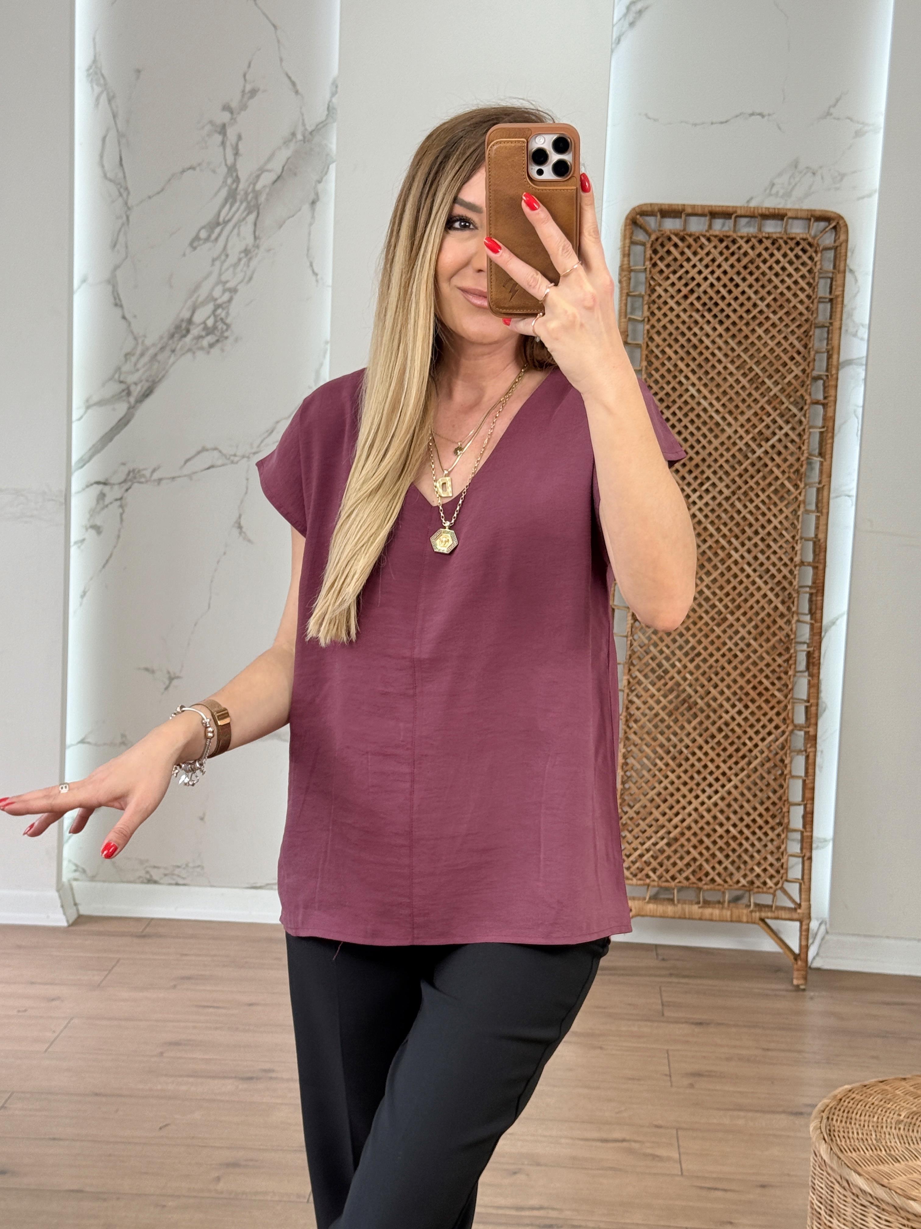 V Yaka Kolsuz Tensel Bluz BORDO
