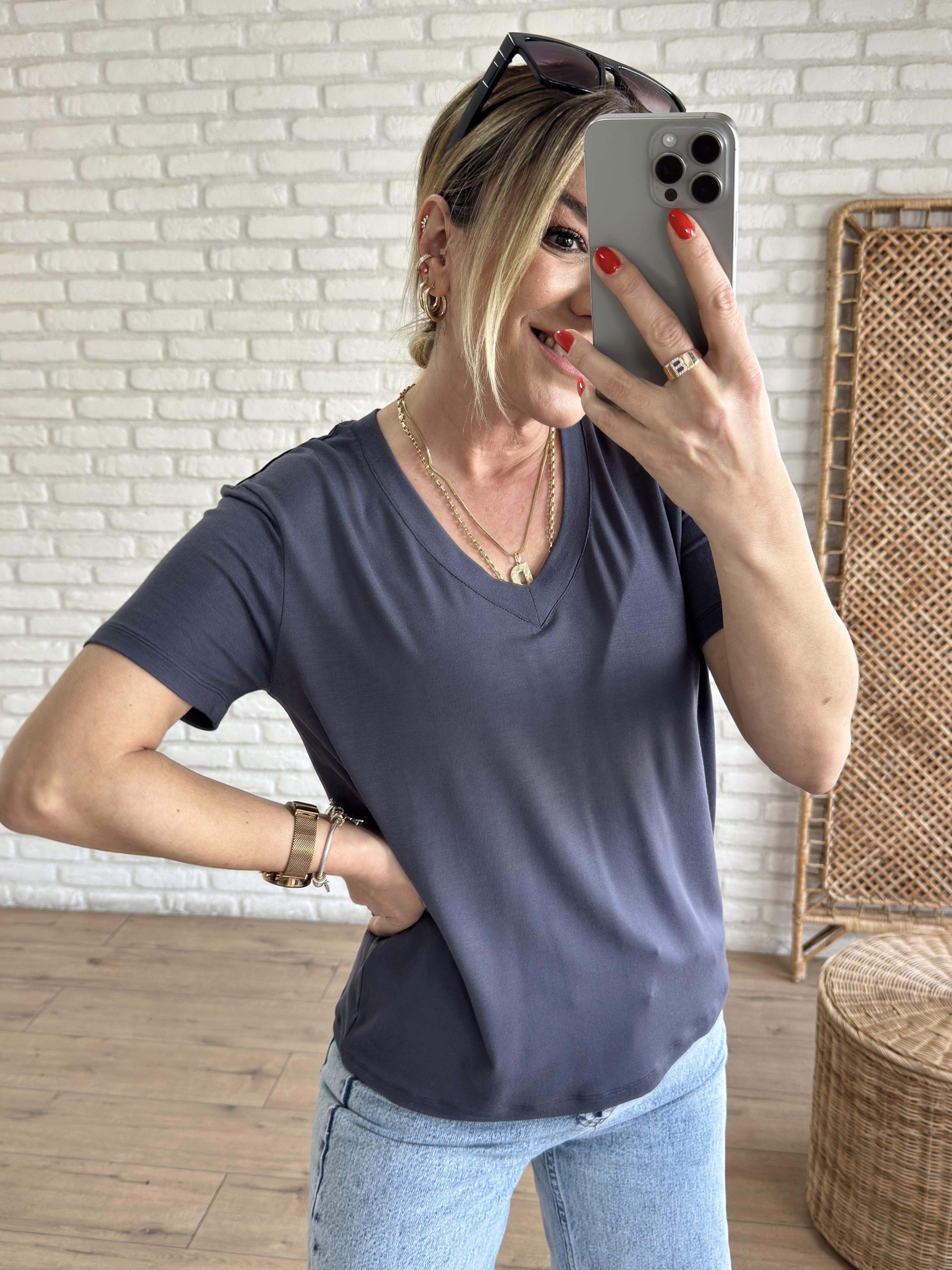 V Yaka Modal Kumaş Tshirt ANTRASİT