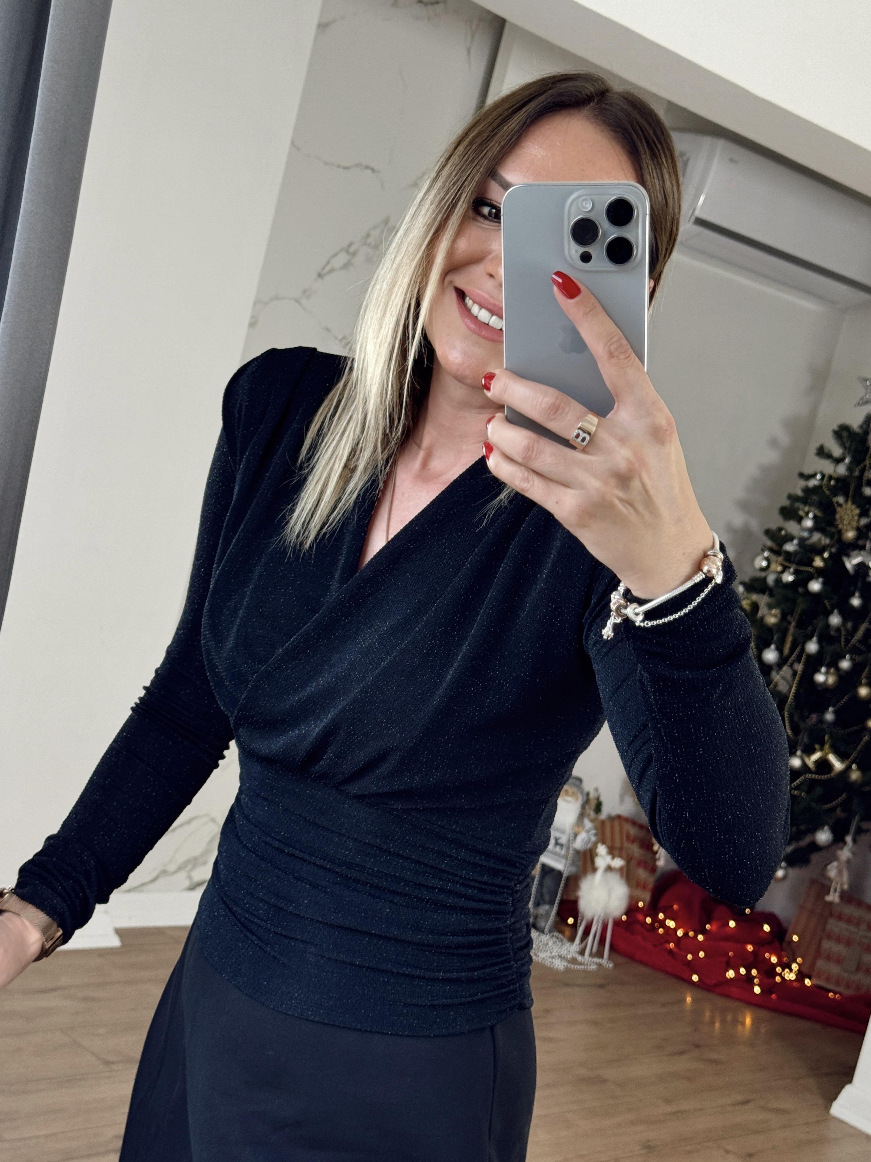 Vatkalı Simli Bluz SİYAH