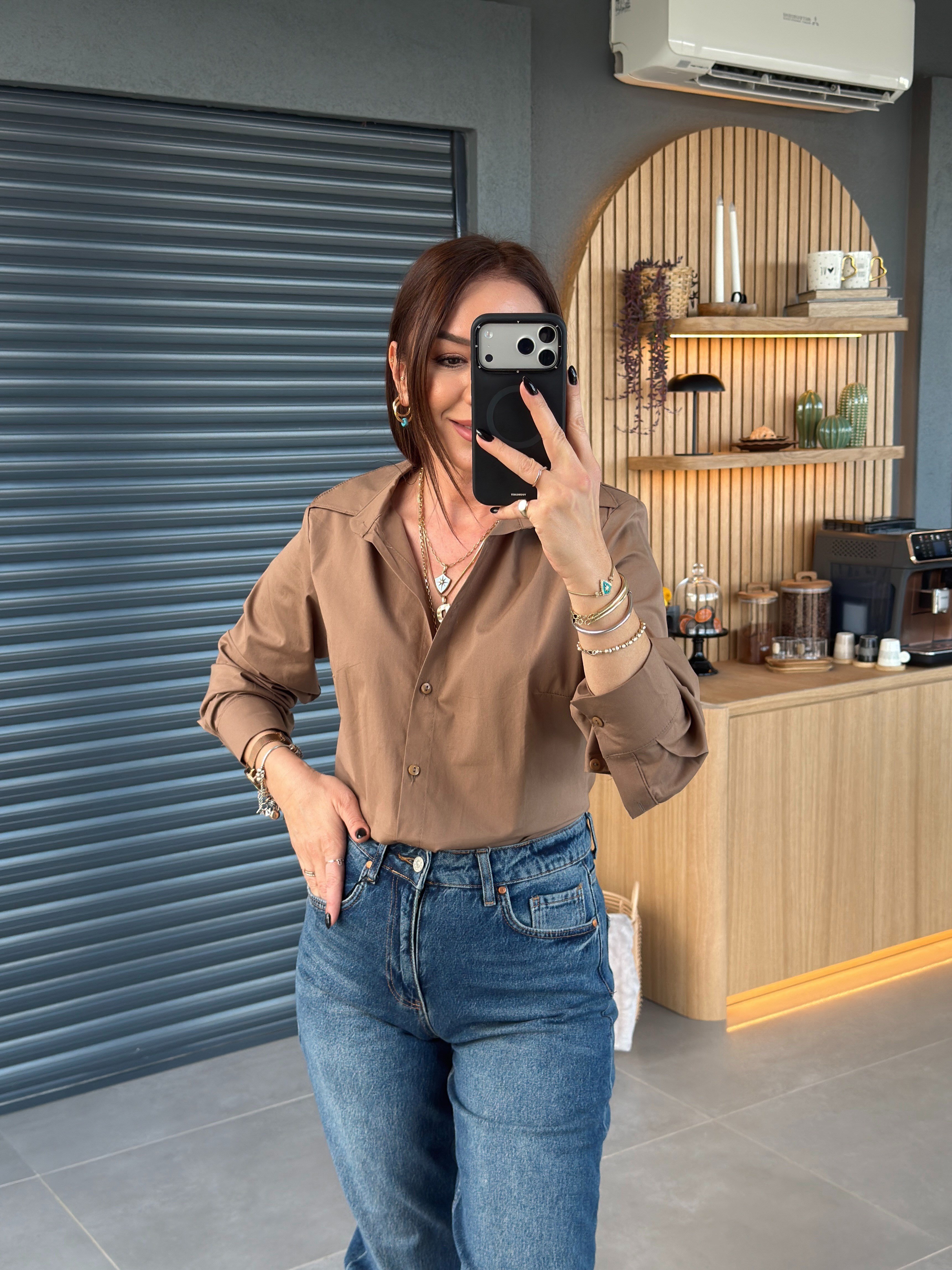 Vatkalı Slim Fit Likralı Gömlek KAHVE
