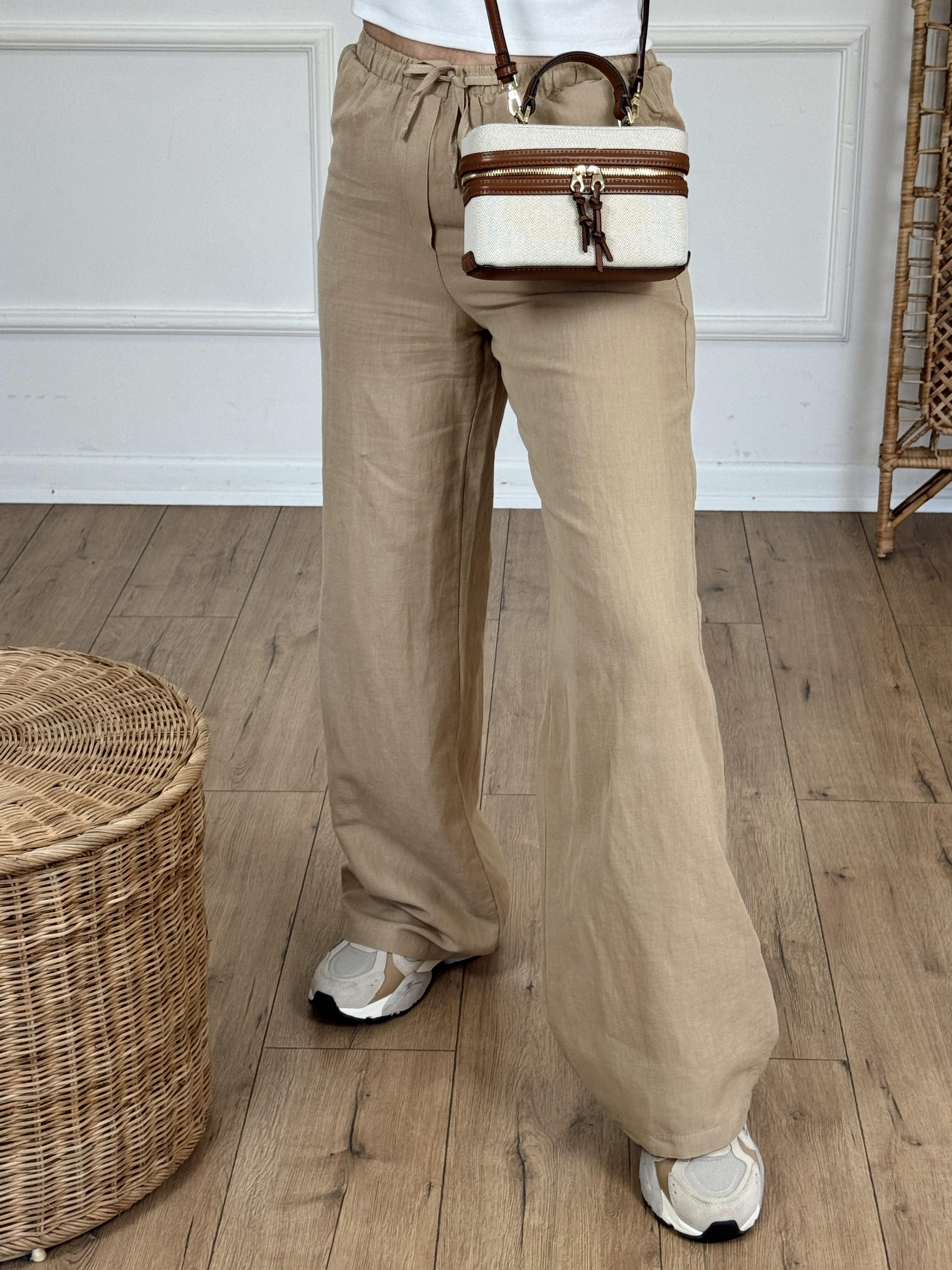Yanları Cepli Bol Paça Keten Pantolon CAMEL