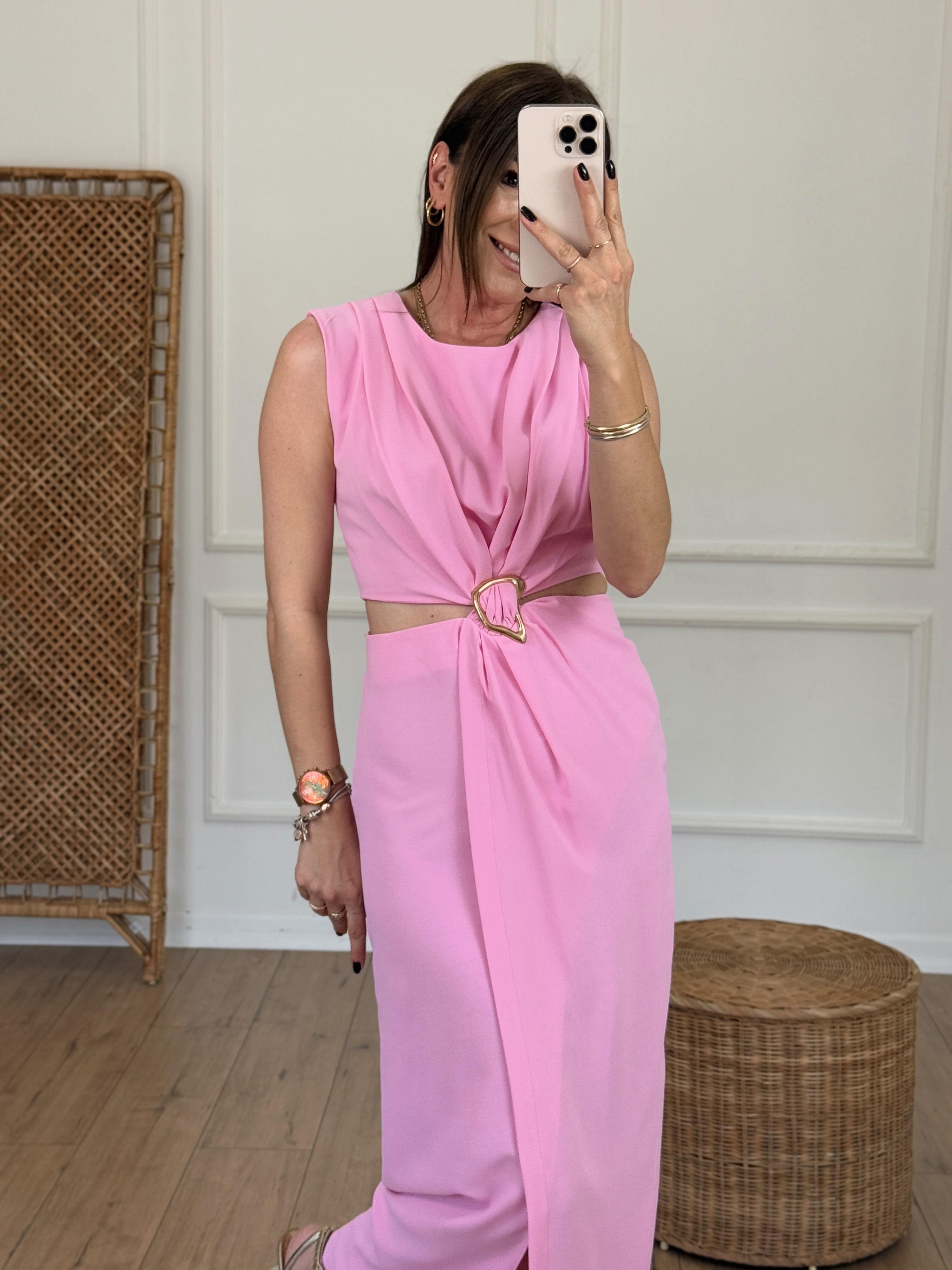 Yanları Pencereli Tokalı Elbise PEMBE