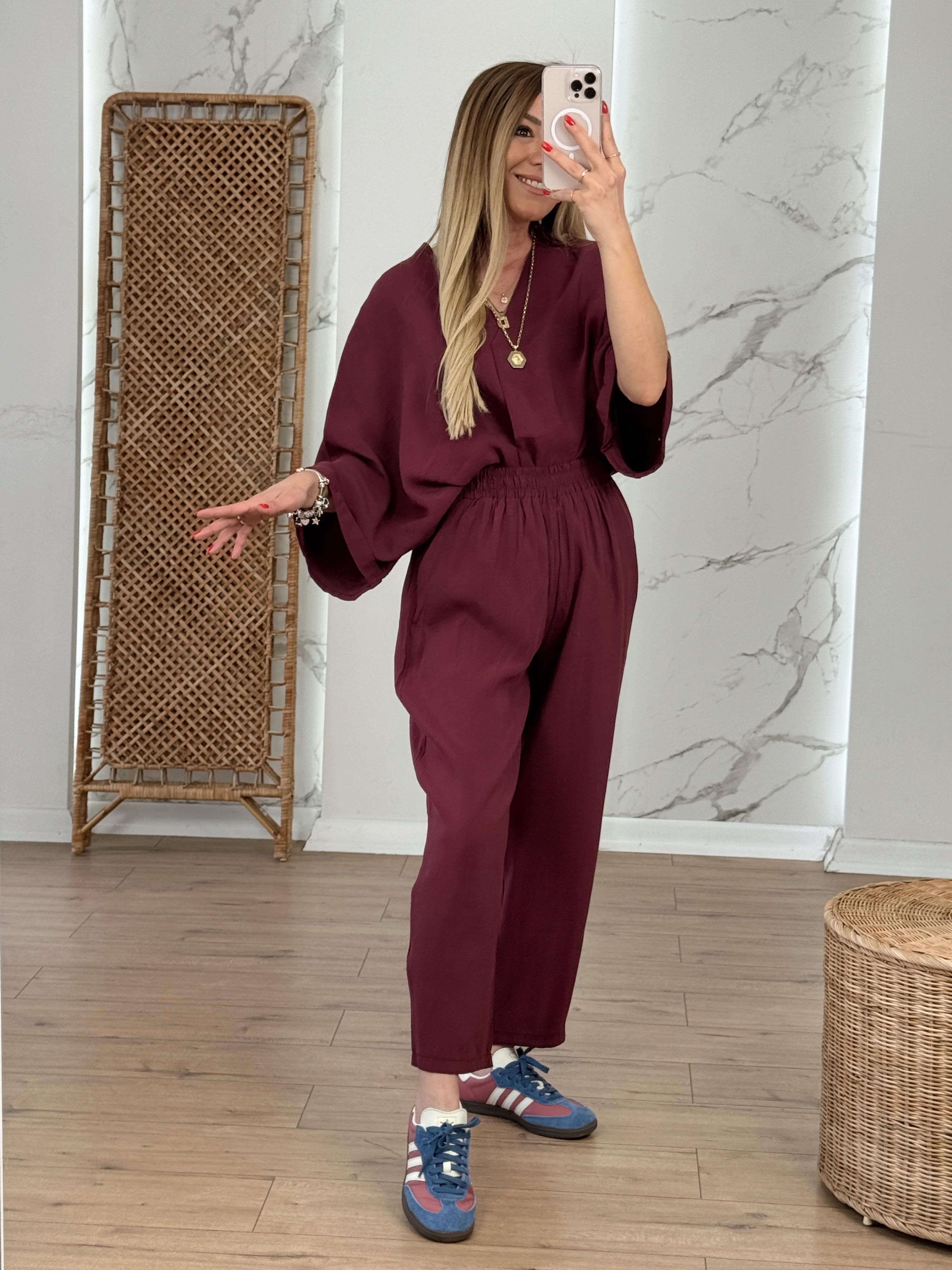 Batwing Sleeve V-Neck Two-Piece Set Burgundy