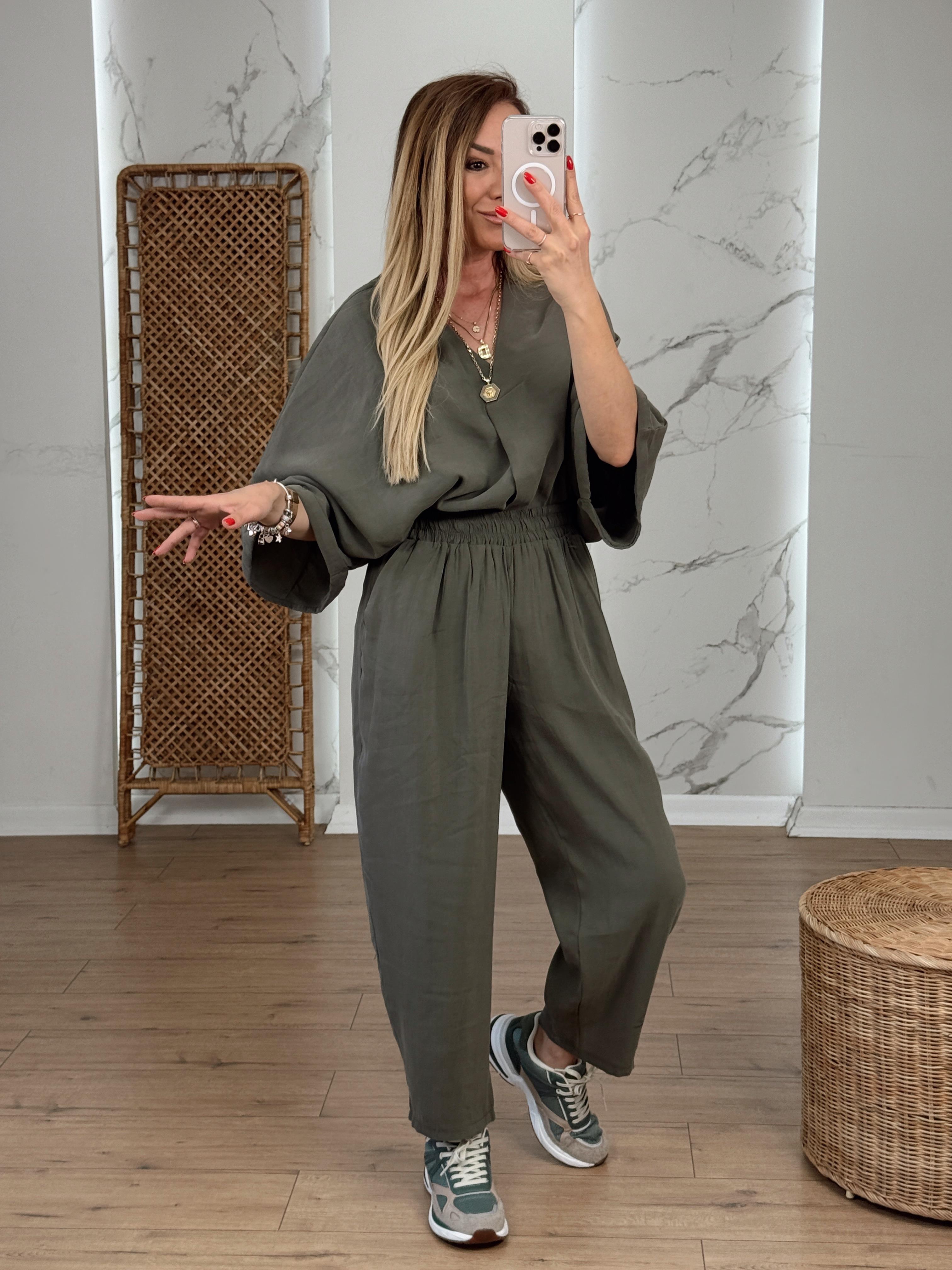 Batwing Sleeve V-Neck Two-Piece Set Khaki