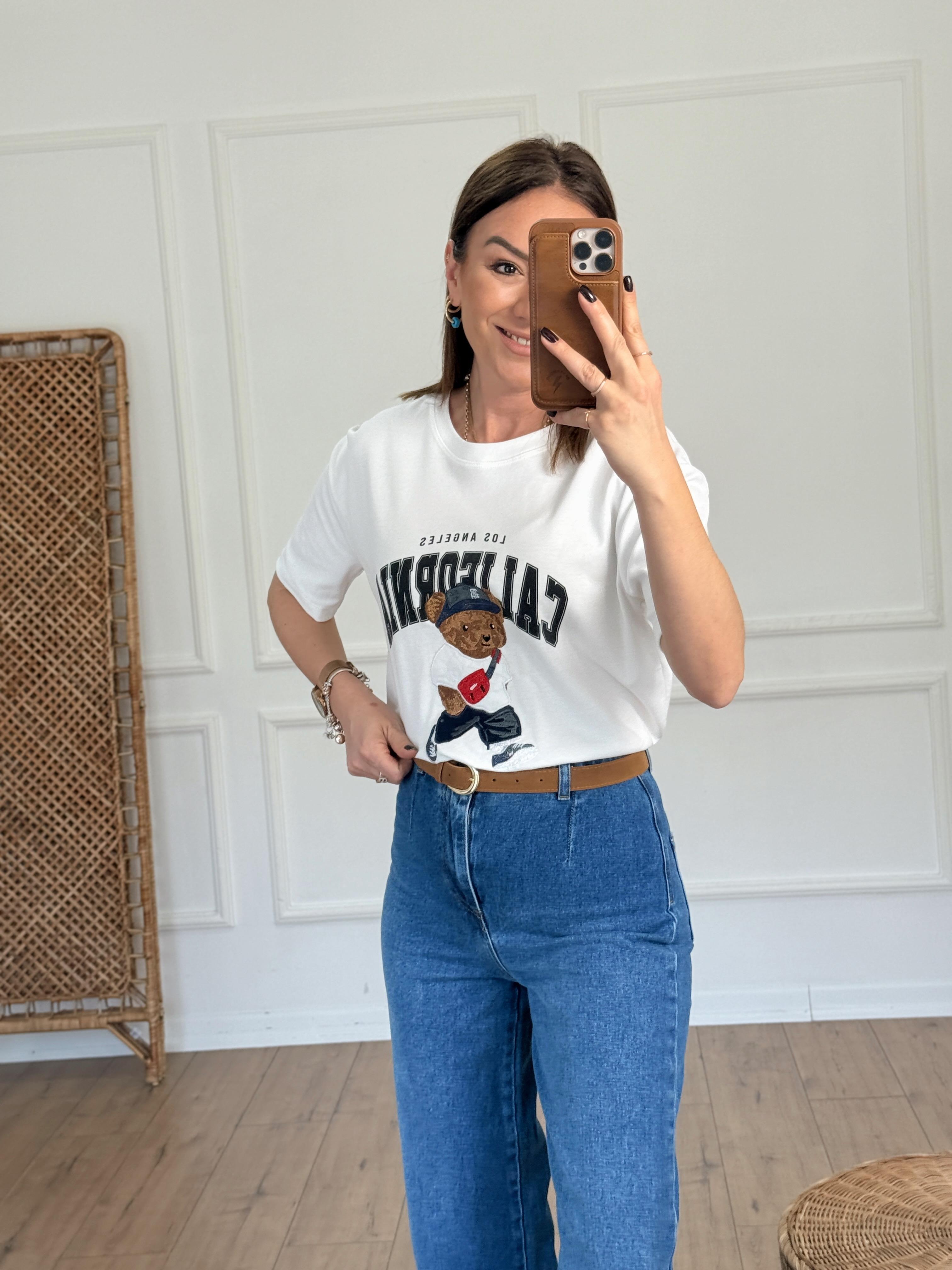 Yazı Baskılı Ayıcık Nakışlı Tshirt EKRU