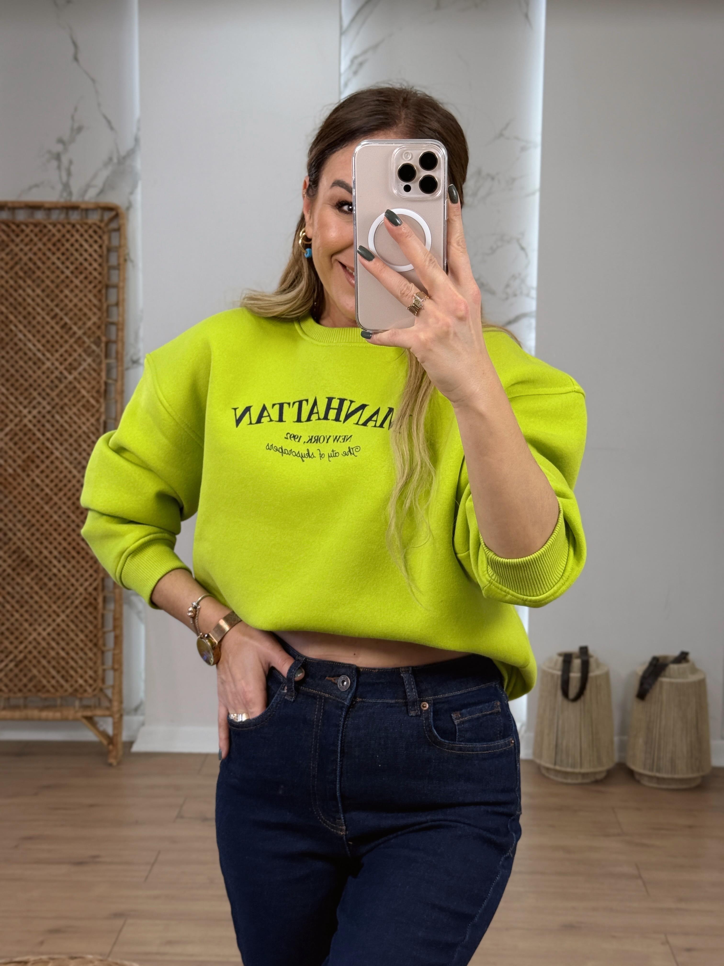 Yazı Nakışlı İçi Şardonlu Sweat NEON YEŞİL