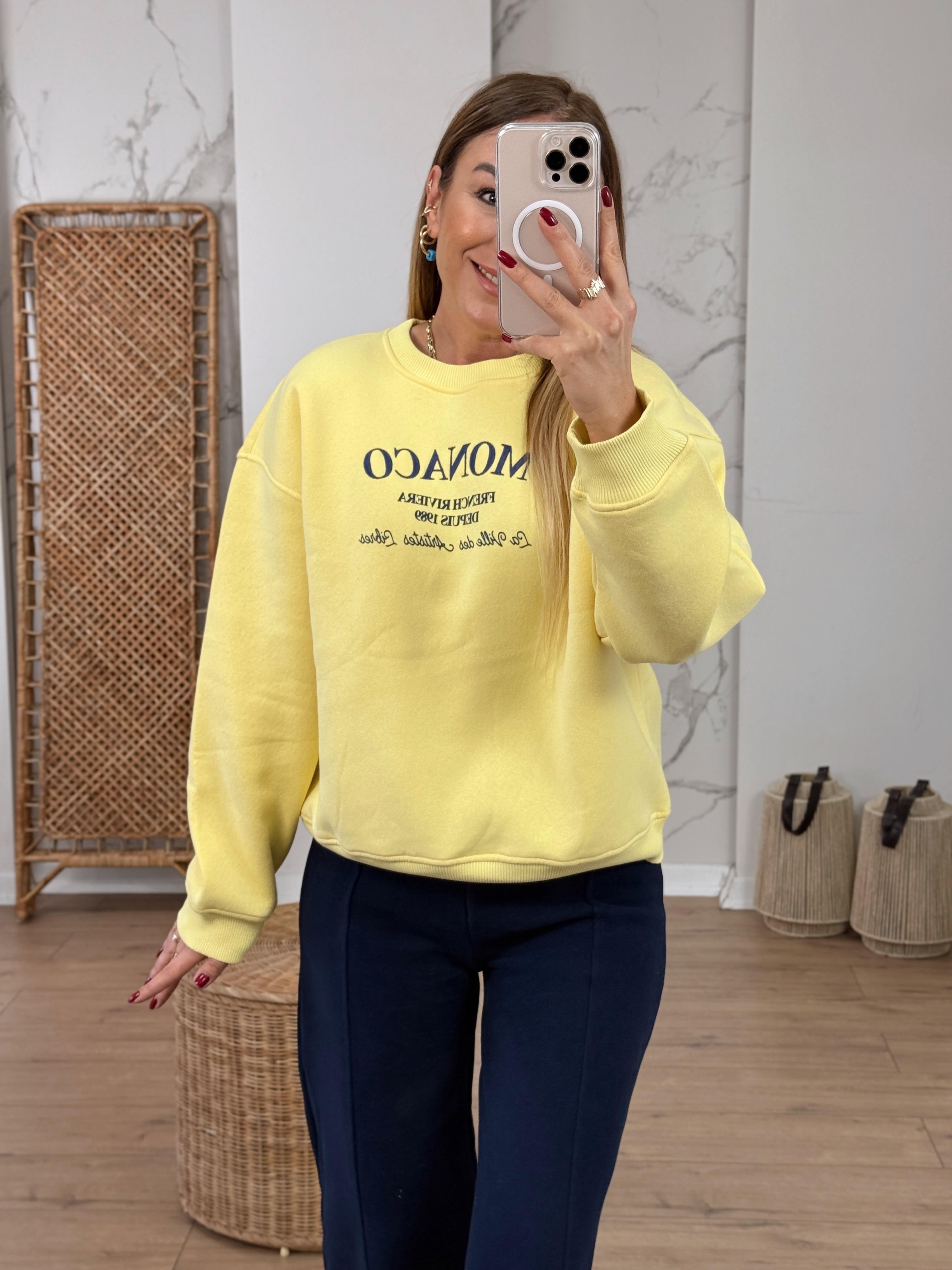 Yazı Nakışlı İçi Şardonlu Sweat SARI