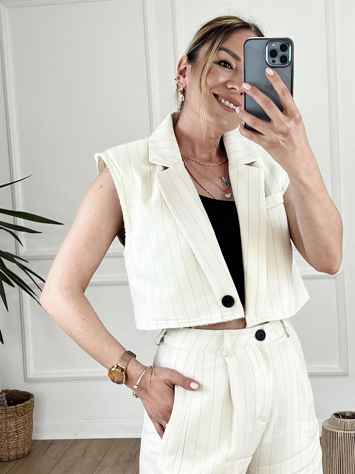 Yelekli Çizgili Takım EKRU