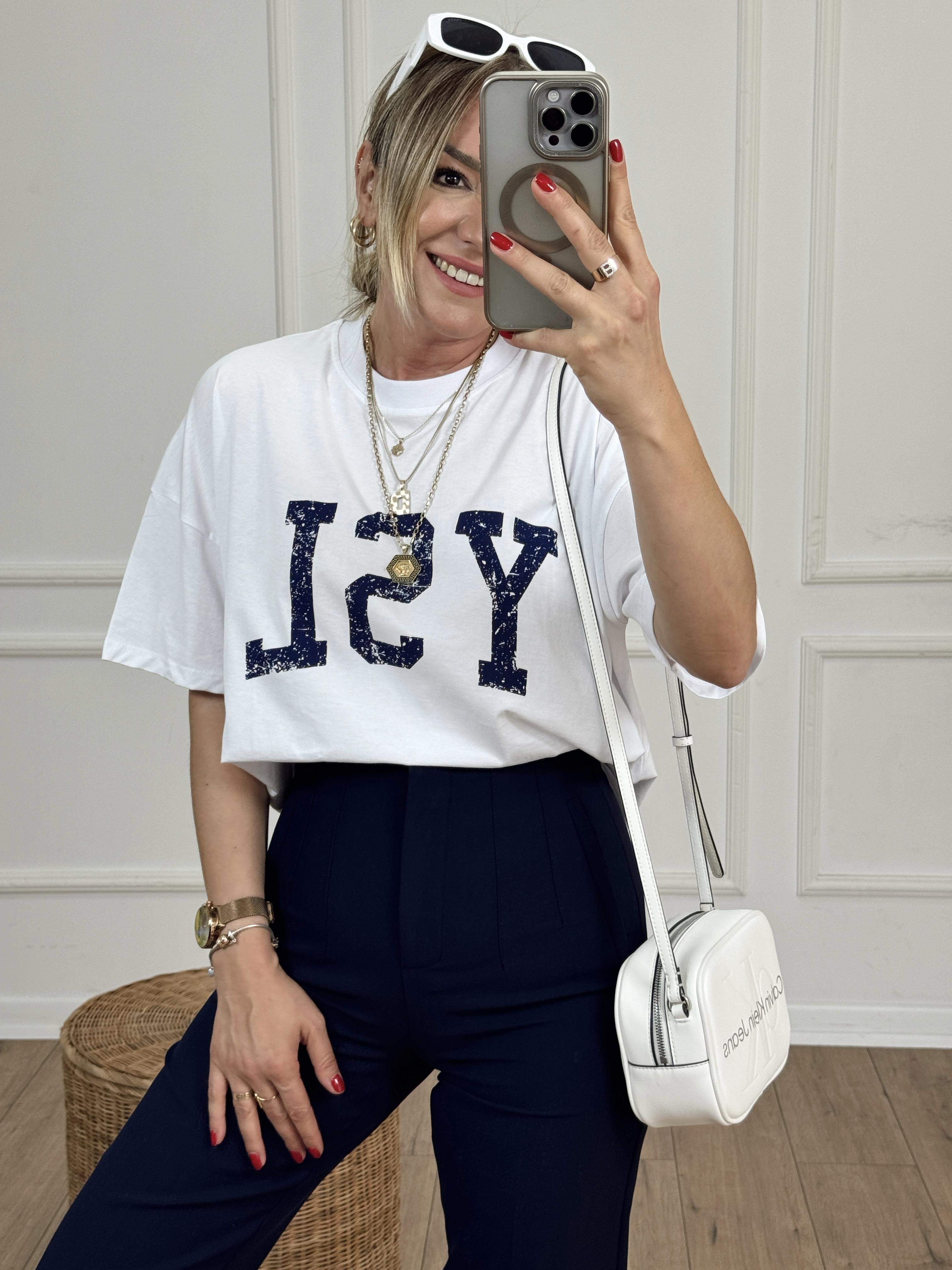 Ysl Baskılı Basıc Tshirt BEYAZ
