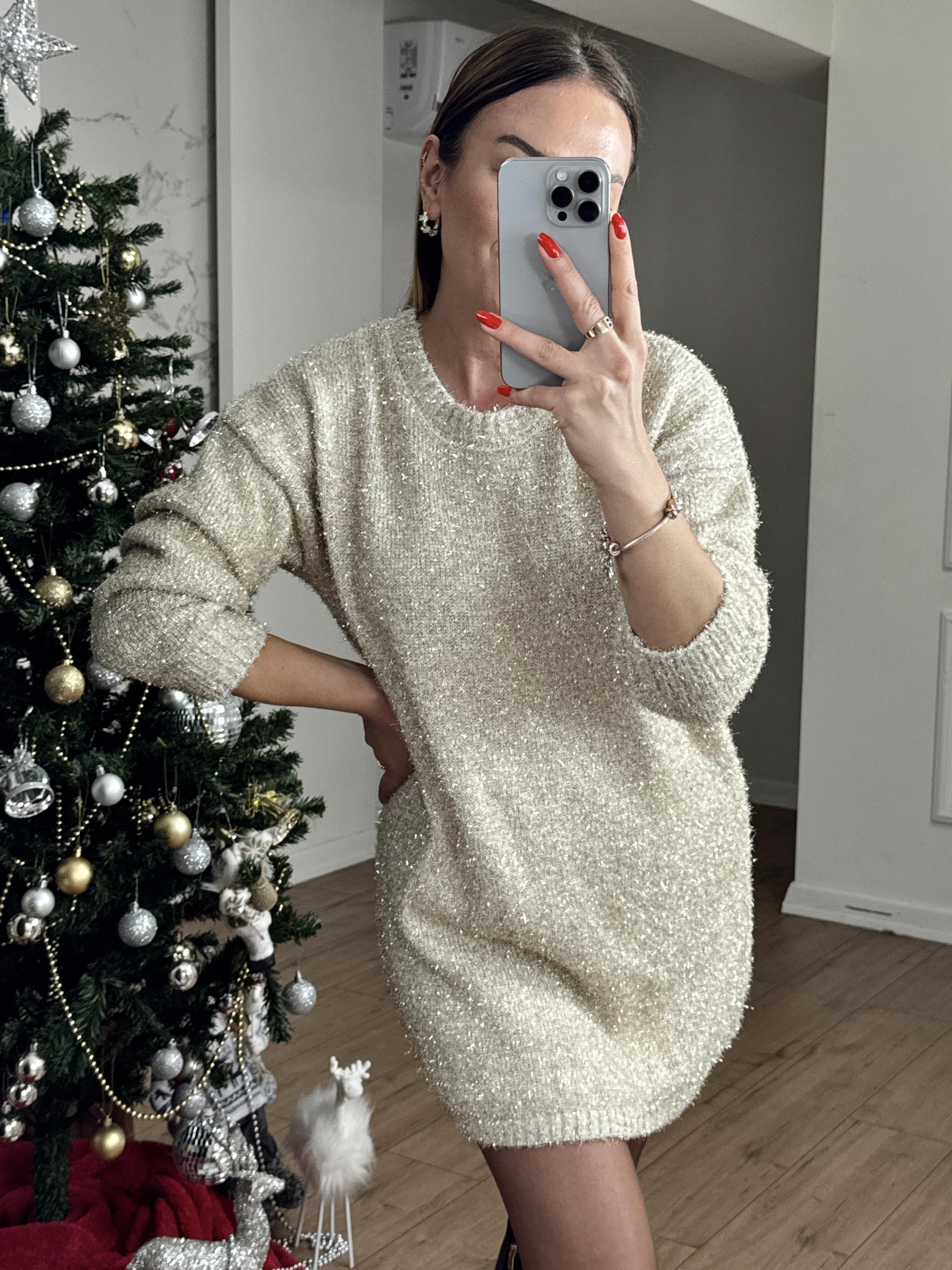 Yuvarlak Yaka Simli Elbise GOLD