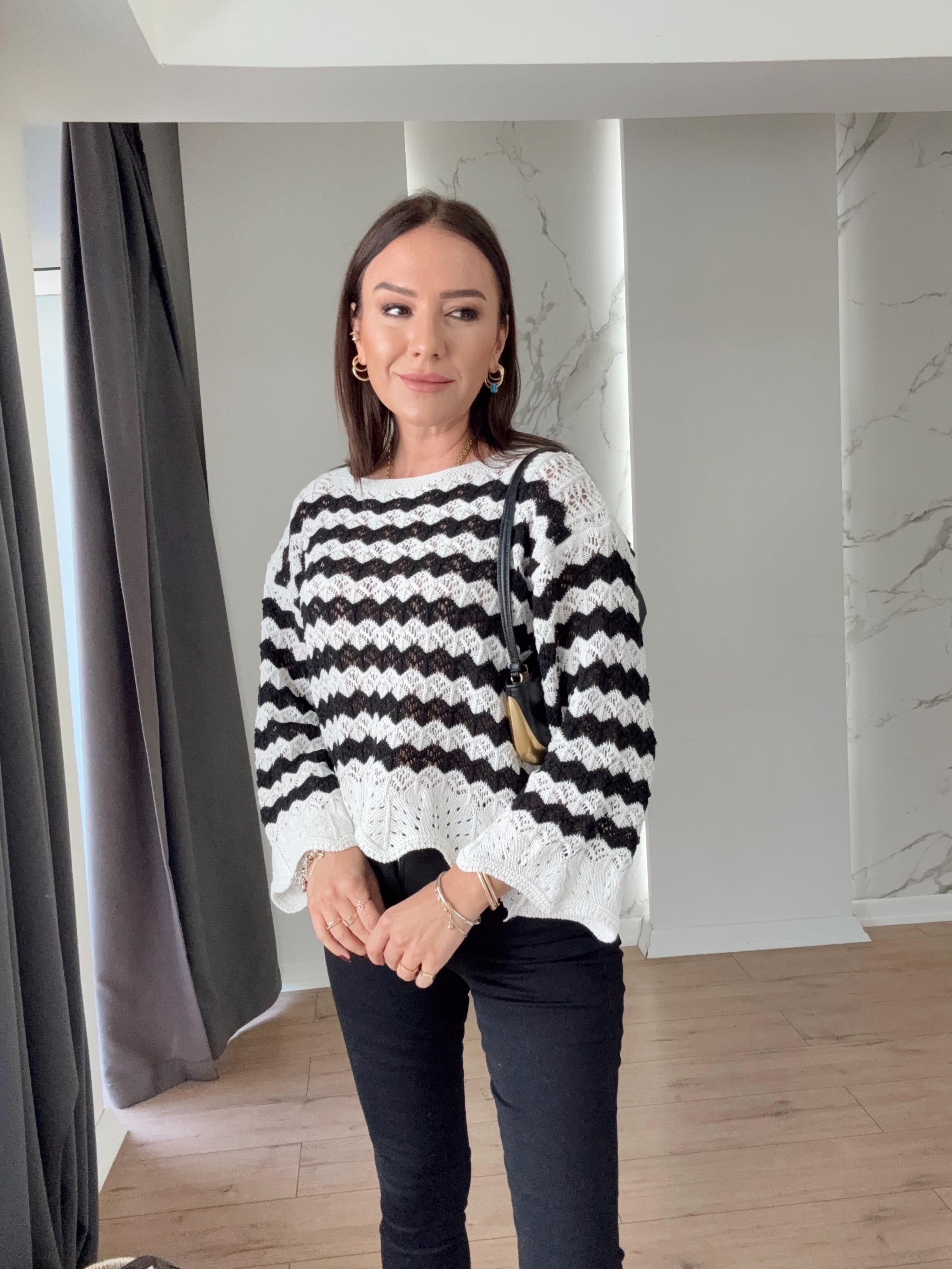 Zigzag Desenli Ajurlu Triko SİYAH BEYAZ