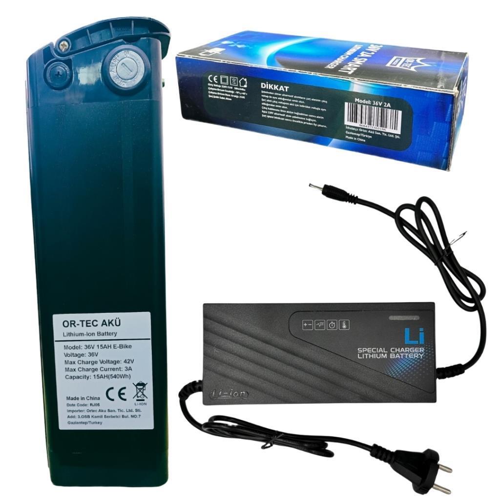 RKS Elektrikli Bisiklet Bataryası 36V 15Ah ve 36V 2A Lityum Li-Ion Akıllı Elektrikli Bisiklet Şarj Aleti Seti