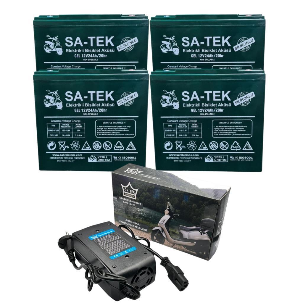 Satek 12V 24 Ah Elektrikli Bisiklet Aküsü 4lü Set Jel Akü ve Ortec 48v 24ah Şarj Cihazı Seti