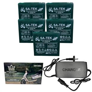 Satek 5lİ Set 12V 24 Ah Elektrikli Motosiklet Aküsü ve Ortec 60v 24ah Elektrikli Bisiklet Şarj Aleti Seti