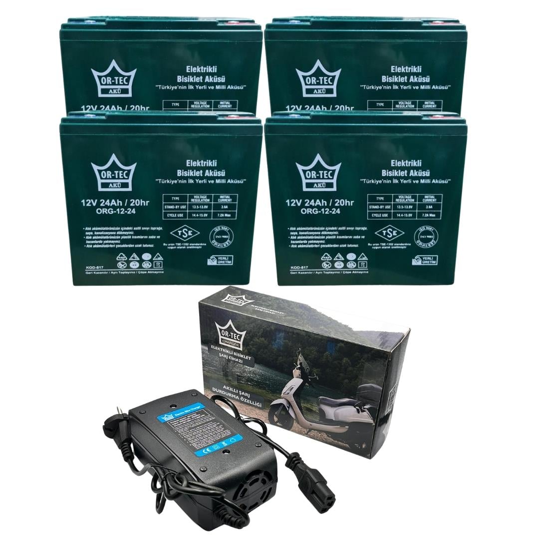 12v 24 Ah Elektrikli Bisiklet Aküsü 4'lü Set Jel Akü ve Ortec 48v 24ah Şarj Cihazı Seti