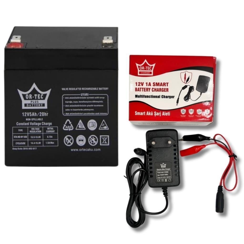 12V 5AH Bakımsız Kuru Akü - Ortec 12V 1A Şarj Aletli Set