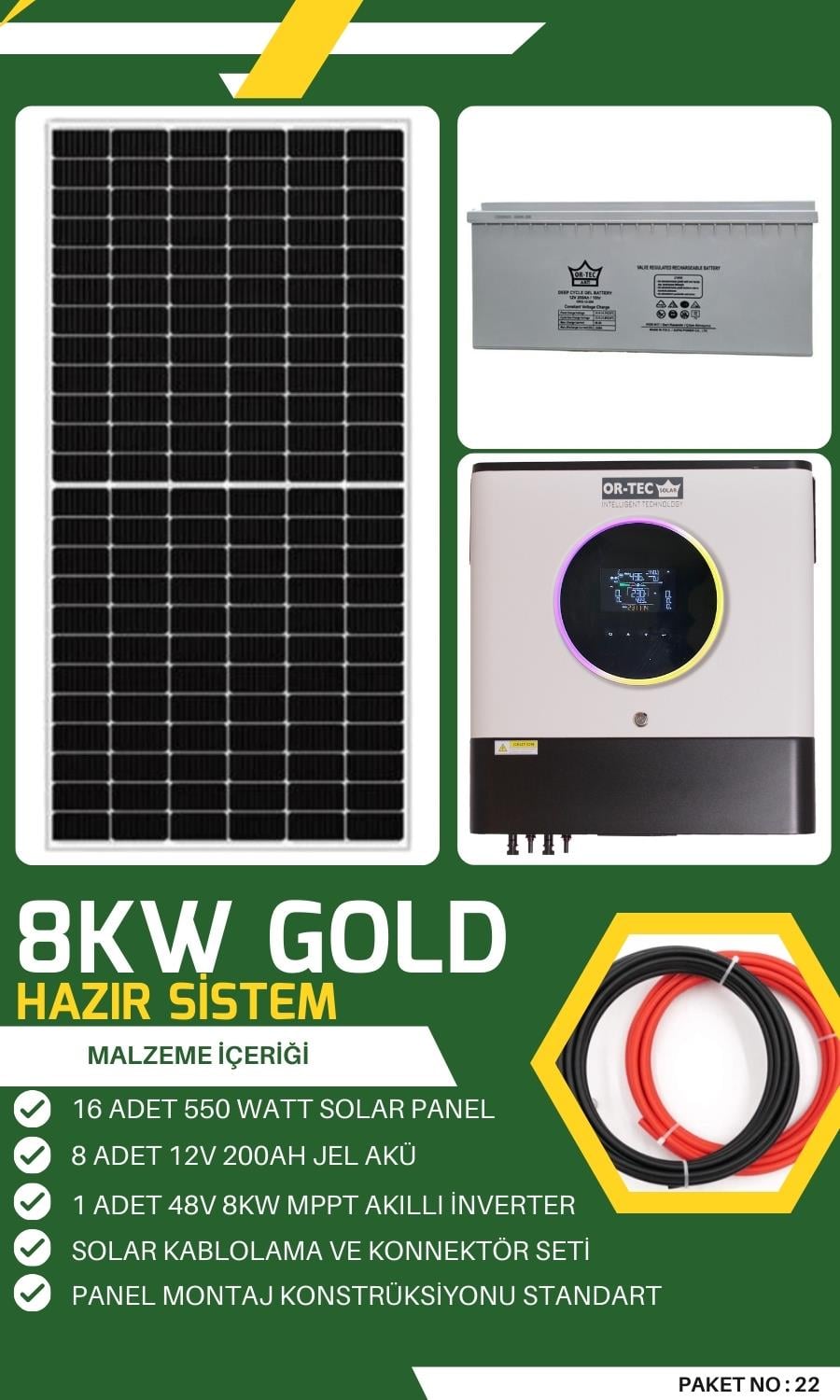 Bağ Evi Güneş Enerjisi 8KW Gold Solar Paket No: 22  