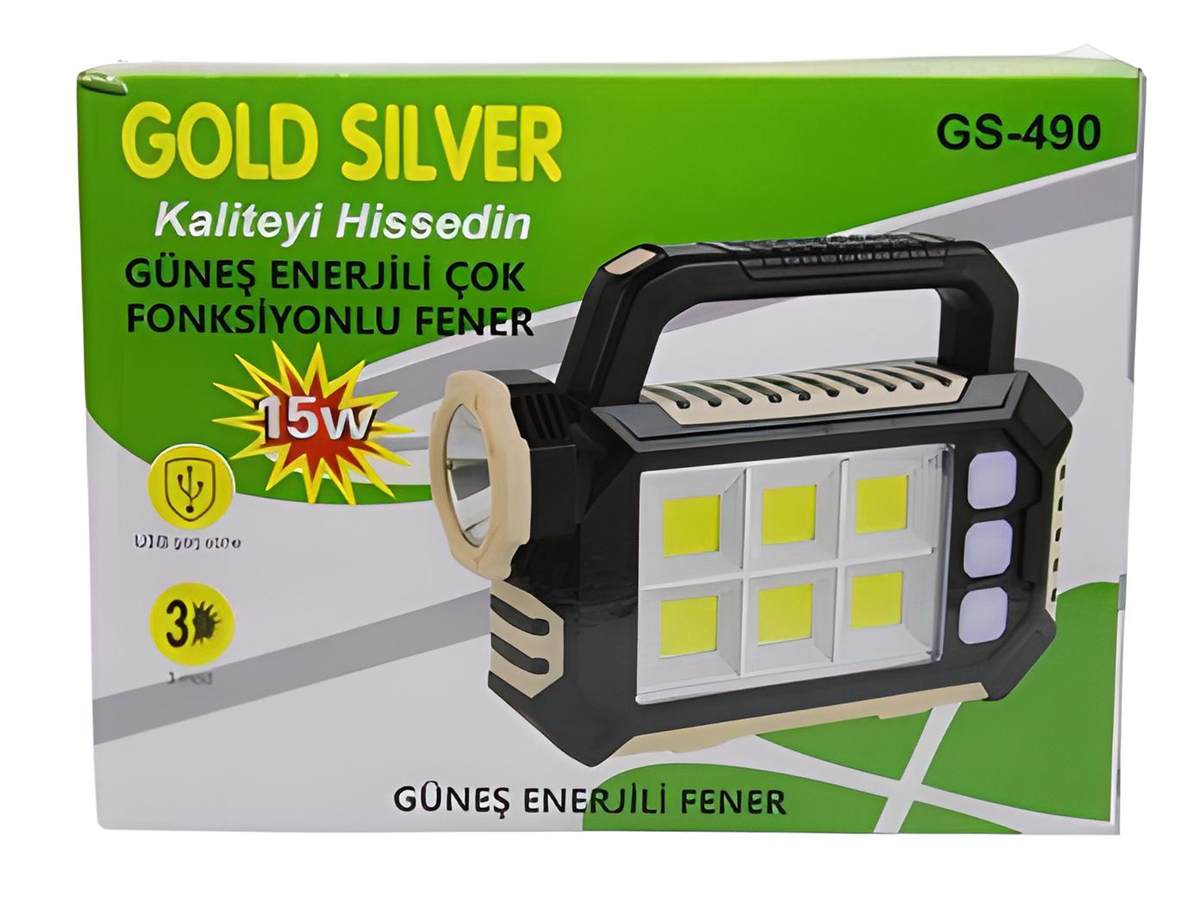 Gold Silver GS-490 15W Güneş Enerjili Çok Fonksiyonlu Fener