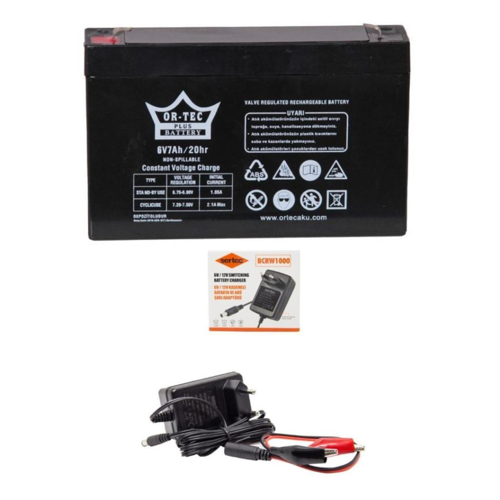Ortec 6v 7ah Bakımsız Akü ve Sertec 6-12V Akü Şarj Cihazı Adaptör Seti