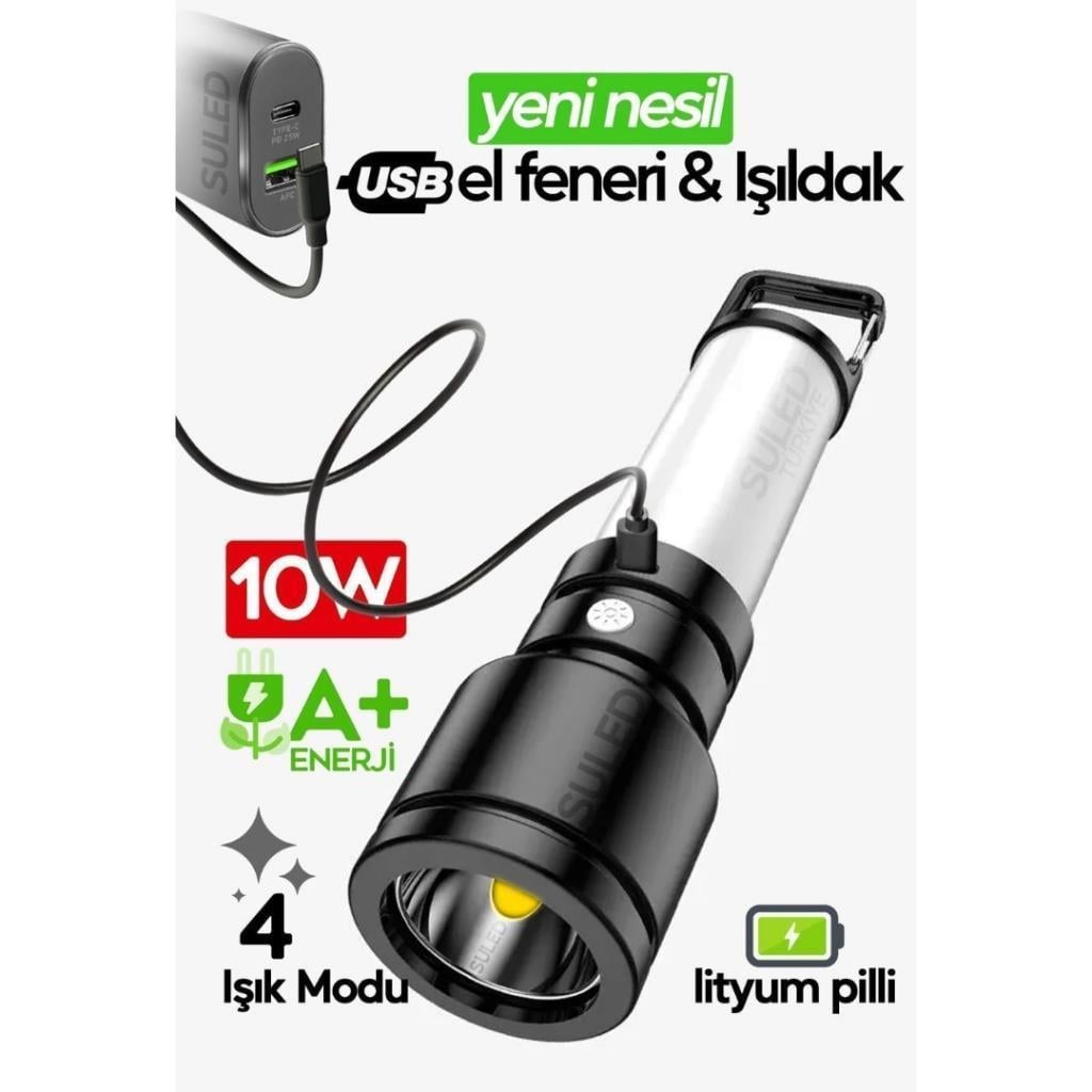 USB Şarjlı El Feneri ve Kamp Lambası 4 Modlu 10W A+ Led Işık Outdoor Askı Aparatlı Lityum Pilli