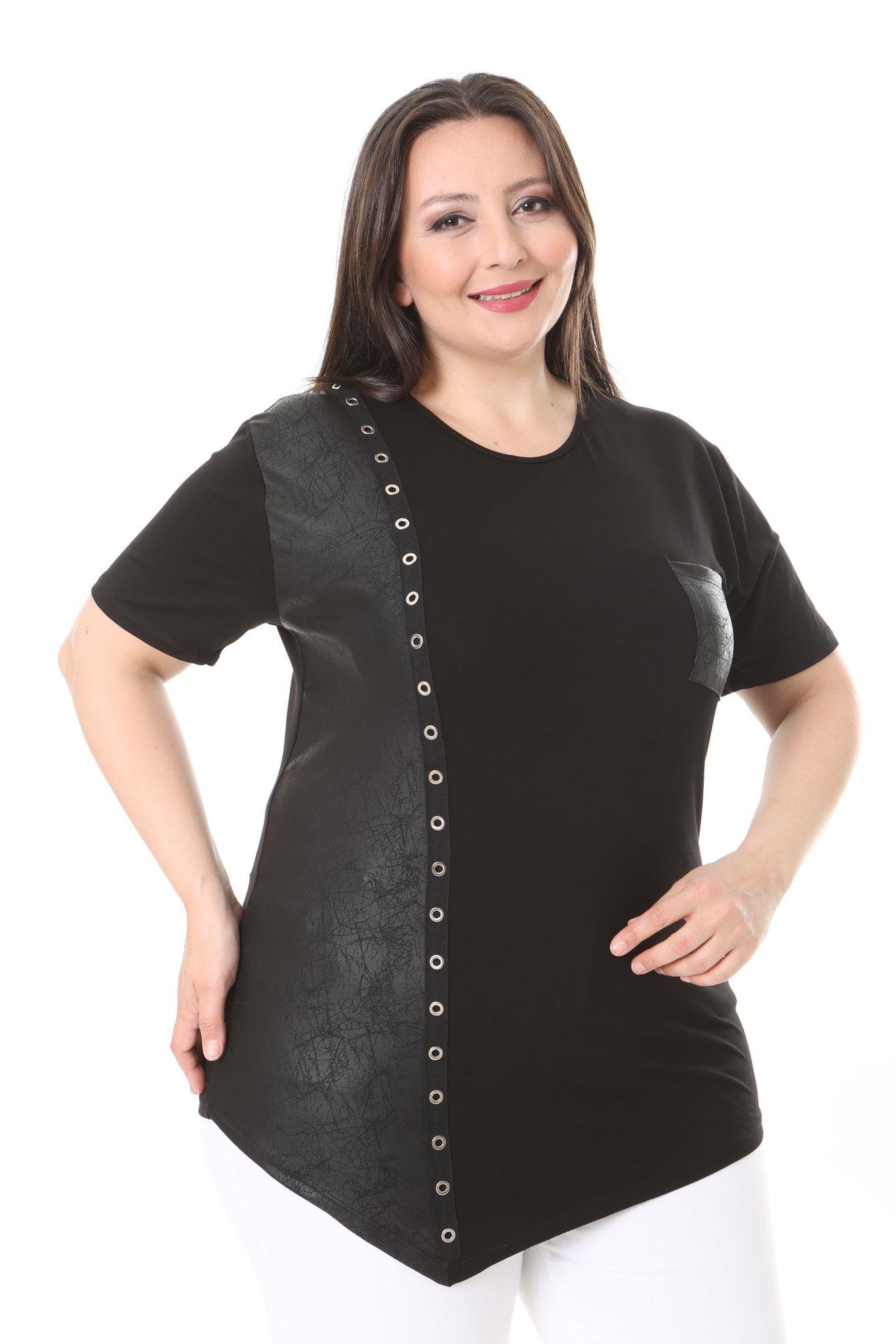 Büyük Beden Asimetrik Kesim Deri Detaylı Siyah Tunik