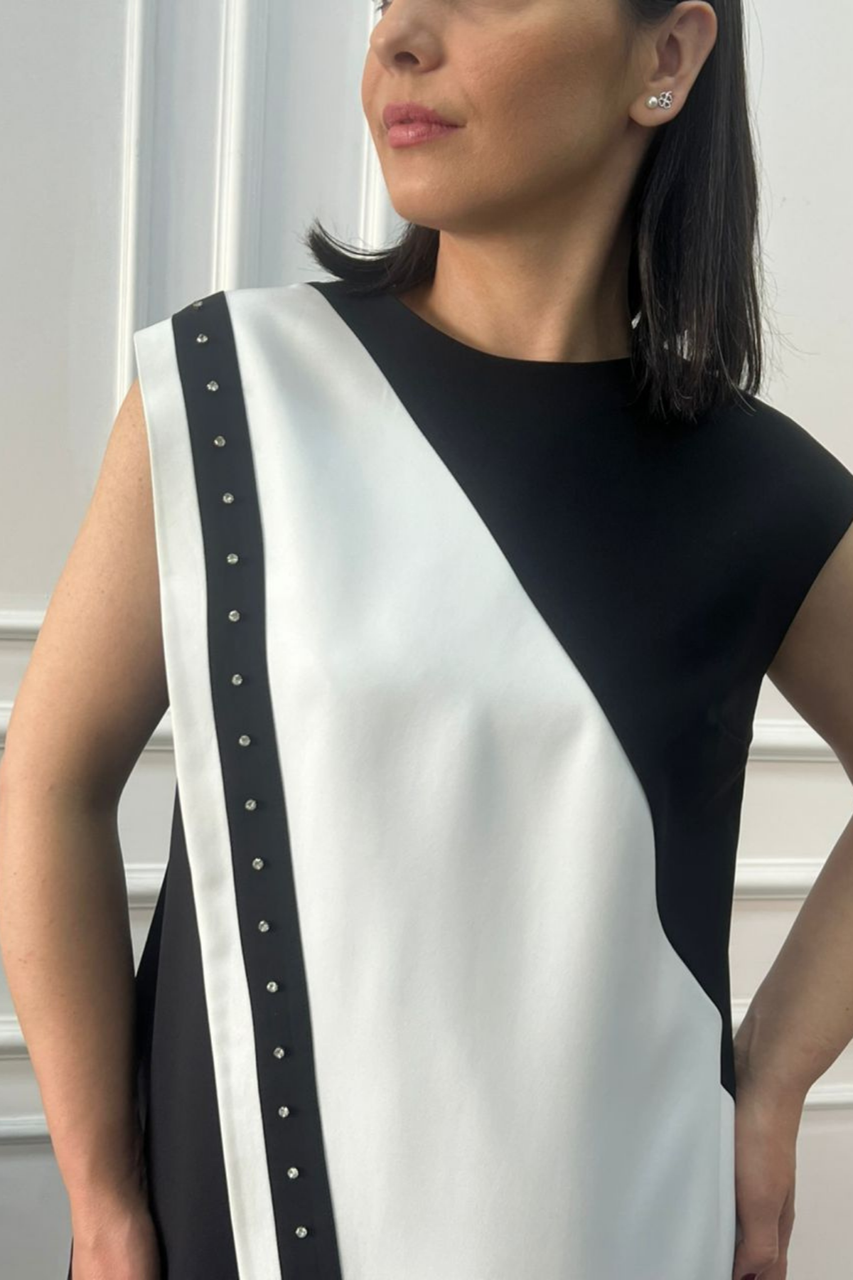 Büyük Beden Asimetrik Siyah Beyaz Çizgili Abiye Elbise