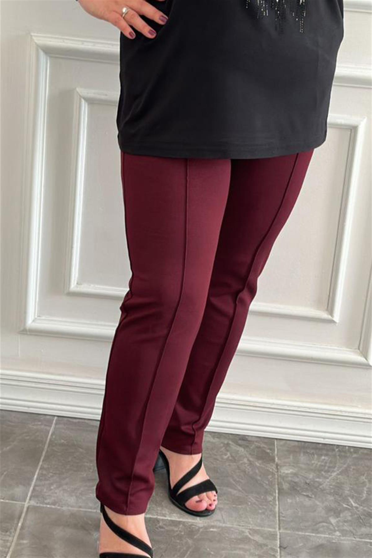 Büyük Beden Biritli Bordo Tayt Pantolon