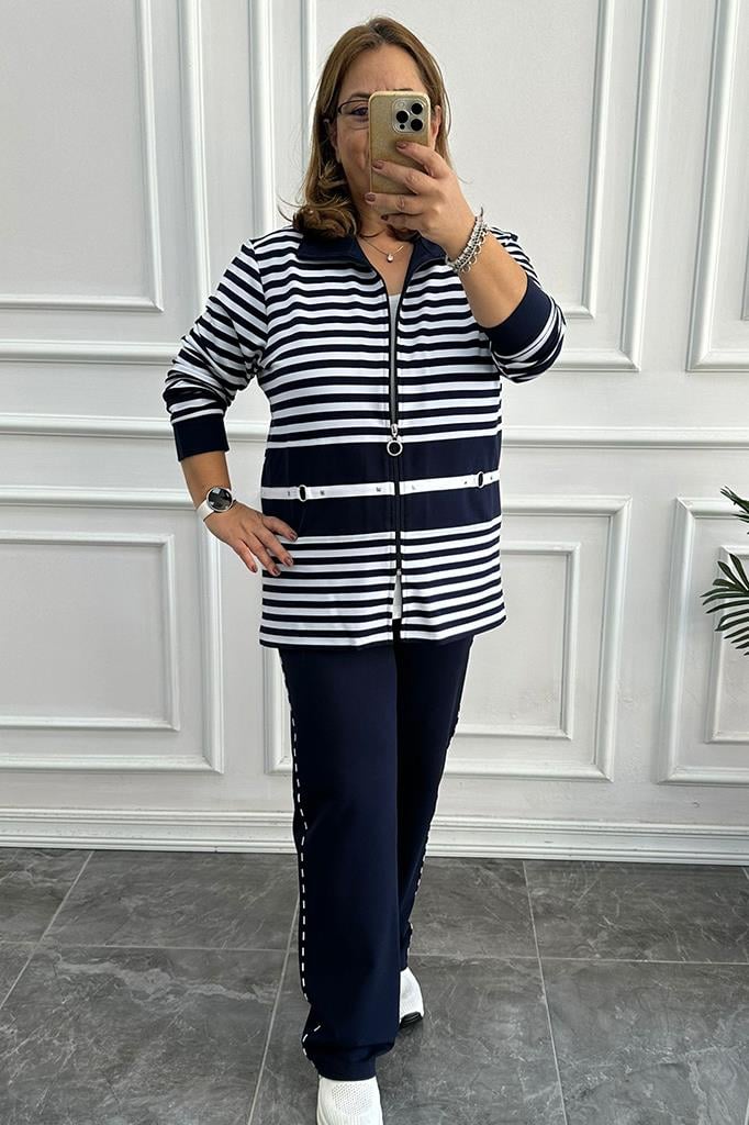 Büyük Beden Çizgili Lacivert Eşofman Takım 