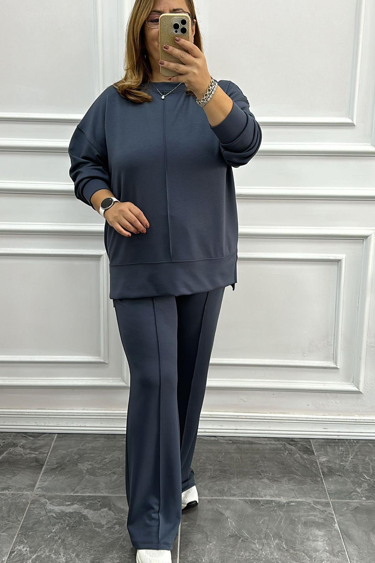 Büyük Beden Düz Paçalı Biritli Modal Gri Takım