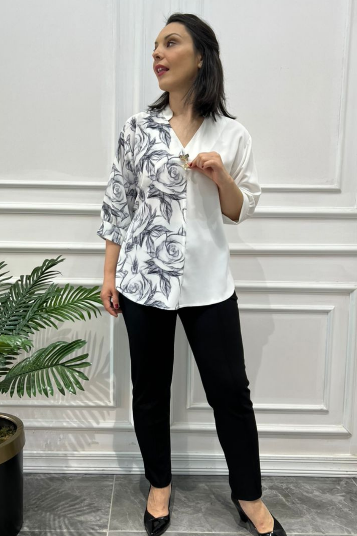 Büyük Beden Hakim Yaka Gül Baskılı Bluz