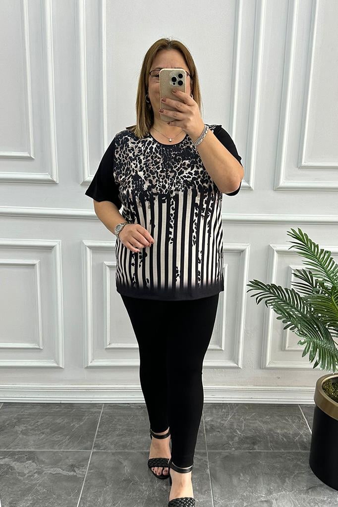 Büyük Beden Leopar Desenli Siyah Bluz