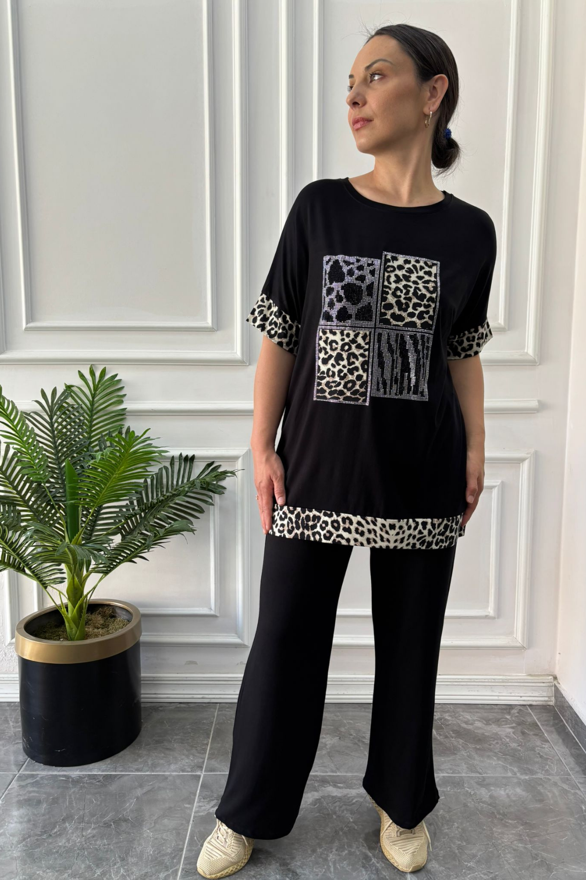 Büyük Beden Leoparlı Taşlı Takım