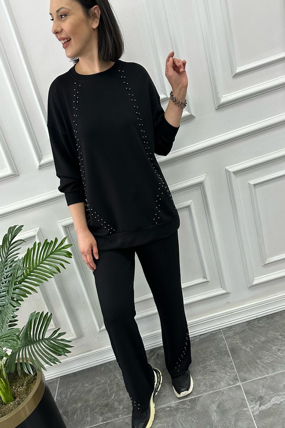 Büyük Beden Metal İncili Siyah Takım Takım