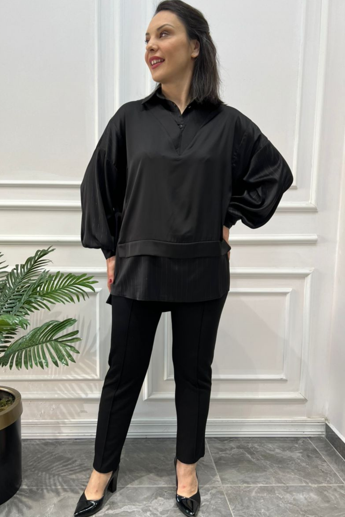 Büyük Beden Saten Eteği Ve Kolu Çizgili Gömlek