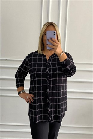 Büyük Beden Beyaz Kareli Siyah Gömlek